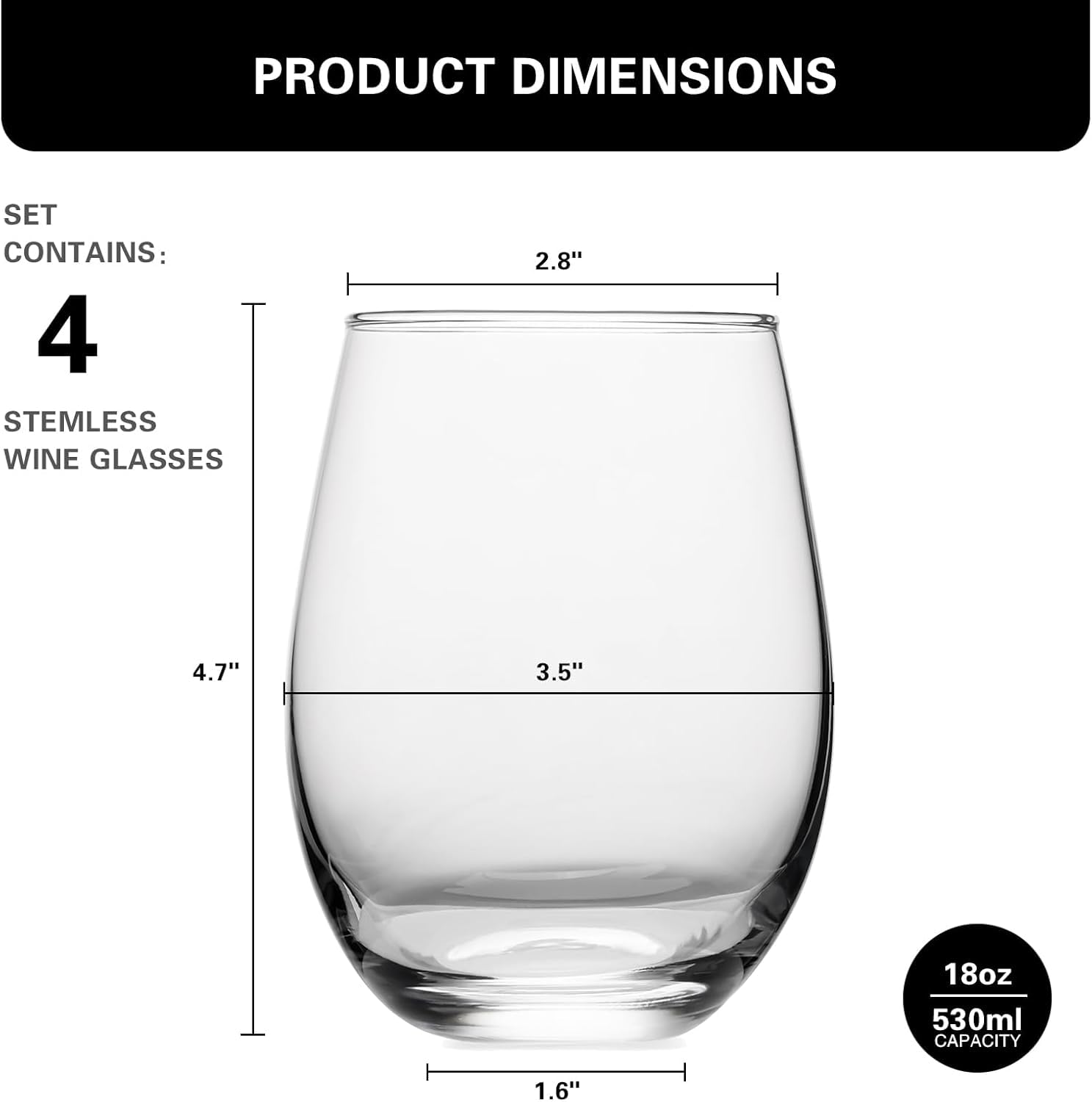 OUWO Stemless Wine Glasses Set of 4, 18oz Red White Wine Glasses,Lead-Free Wine Glasses for Home, Party, Wedding, Ideal Wine Accessories Gift,Clear