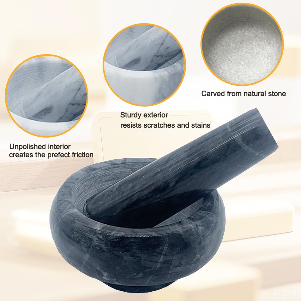 Marble Mortar and Pestle Set, Hibucuo Small 3.5 Inches Grinder Bowl for Guacamole,Pestos Seasonings Pastes, Salsa, Pills Crusher, Spice, Herb, Garlic, Nut, Heavy Duty Grinder Black