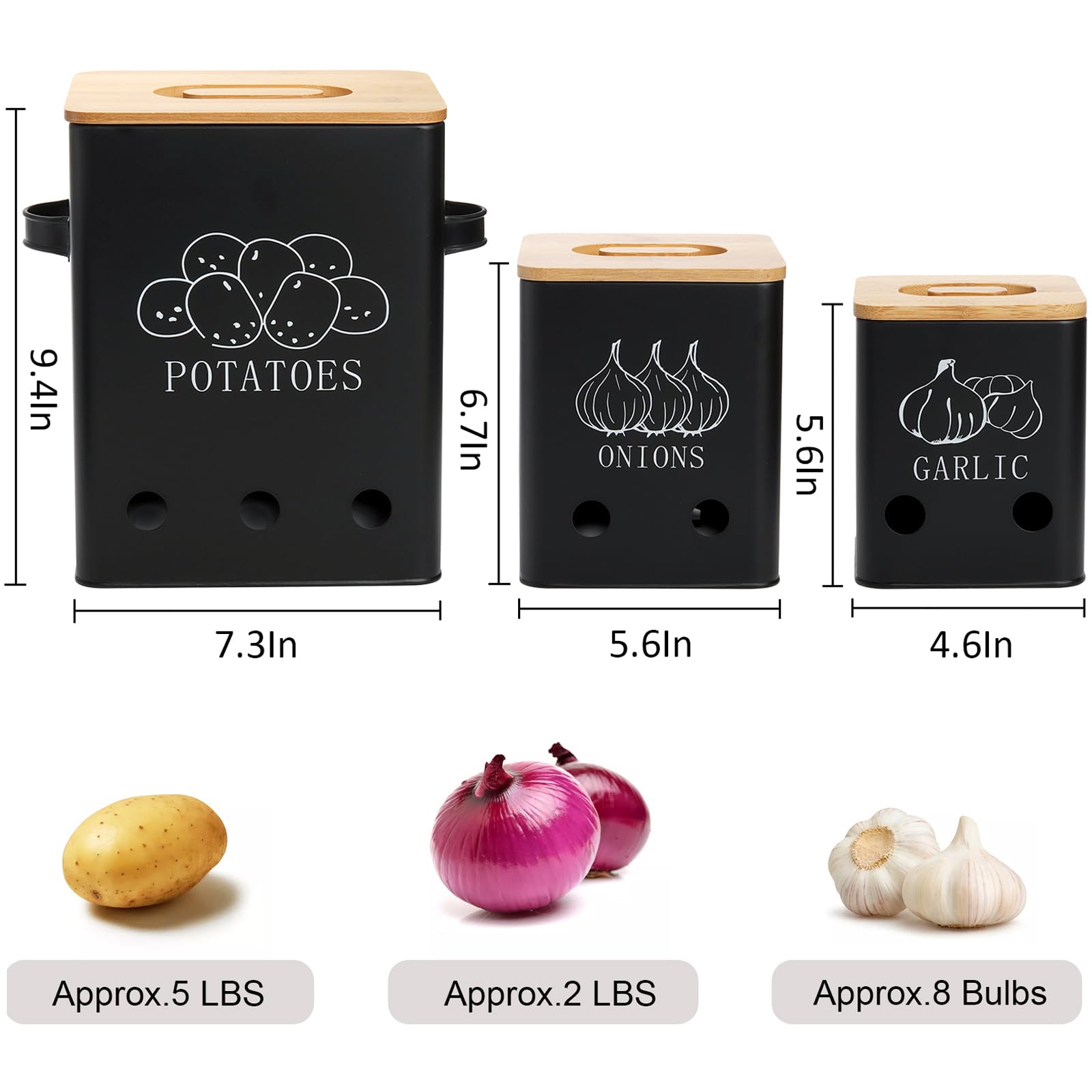 WUWEOT 3 Pack Vegetable Storage Tins, Potato Onion Garlic Storage Canister, Black Metal Vegetable Fresh Keeper Caddy, Kitchen Pantry Organizer Jars with Bamboo Lid and Aerating Holes