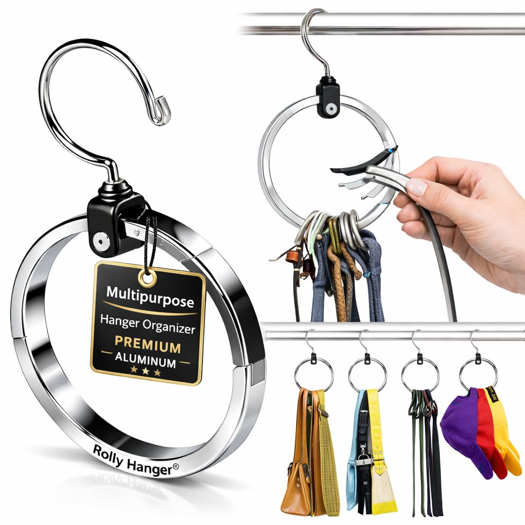 Rolly Hanger® Closet Space Saver – Premium Rotating Aluminum Organizer for Belts, Ties, Hats & Handbags – Heavy Duty 360° Swivel – Declutter & Maximize Storage (1 Pack)