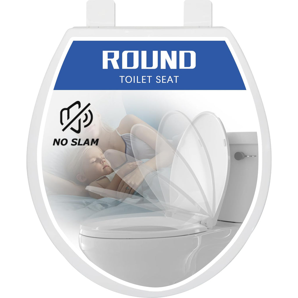 Round Toilet Seat, Standard 16.5” Slow/Soft Close Round Toilet Seat for Round Toilets, No-Slam Quiet-Close Lid, Easy-to-Install, White, Durable Never-Loosen Design