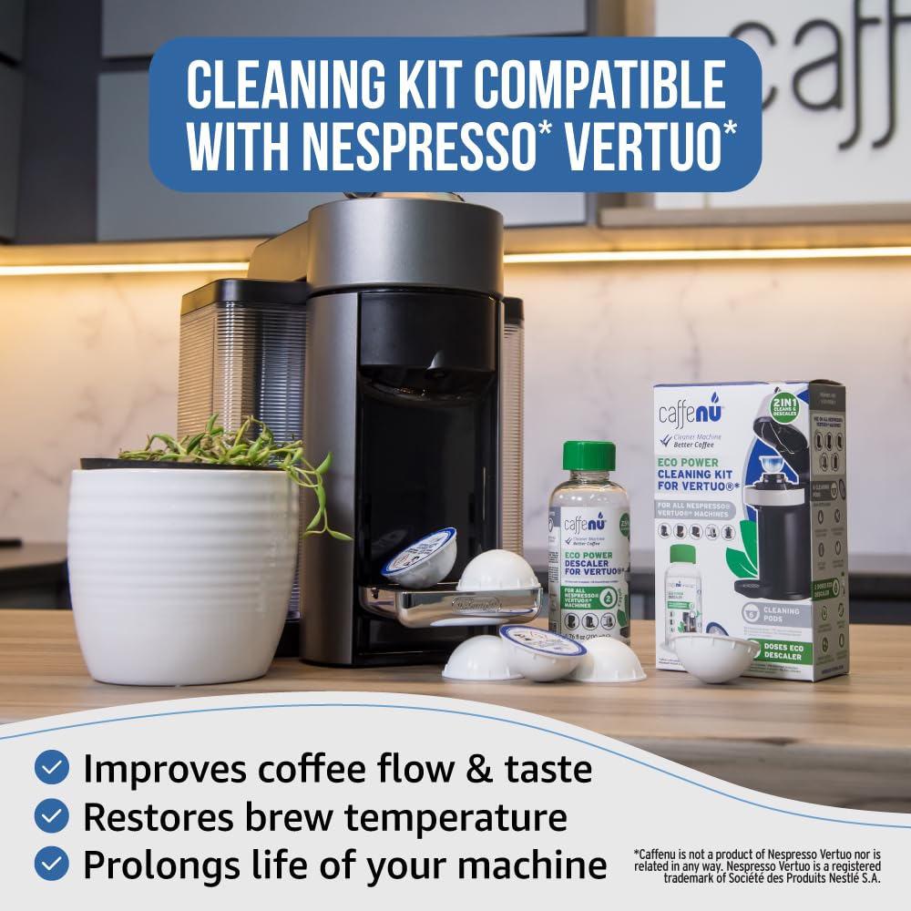 Caffenu Descaling Kit Compatible with Nespresso Vertuo 2 Uses Descaling Solution and 6 Cleaner Pods. Removes Limescale & Cleans Pod Area. Better Tasting & Hotter Coffee. 4 Month Supply.