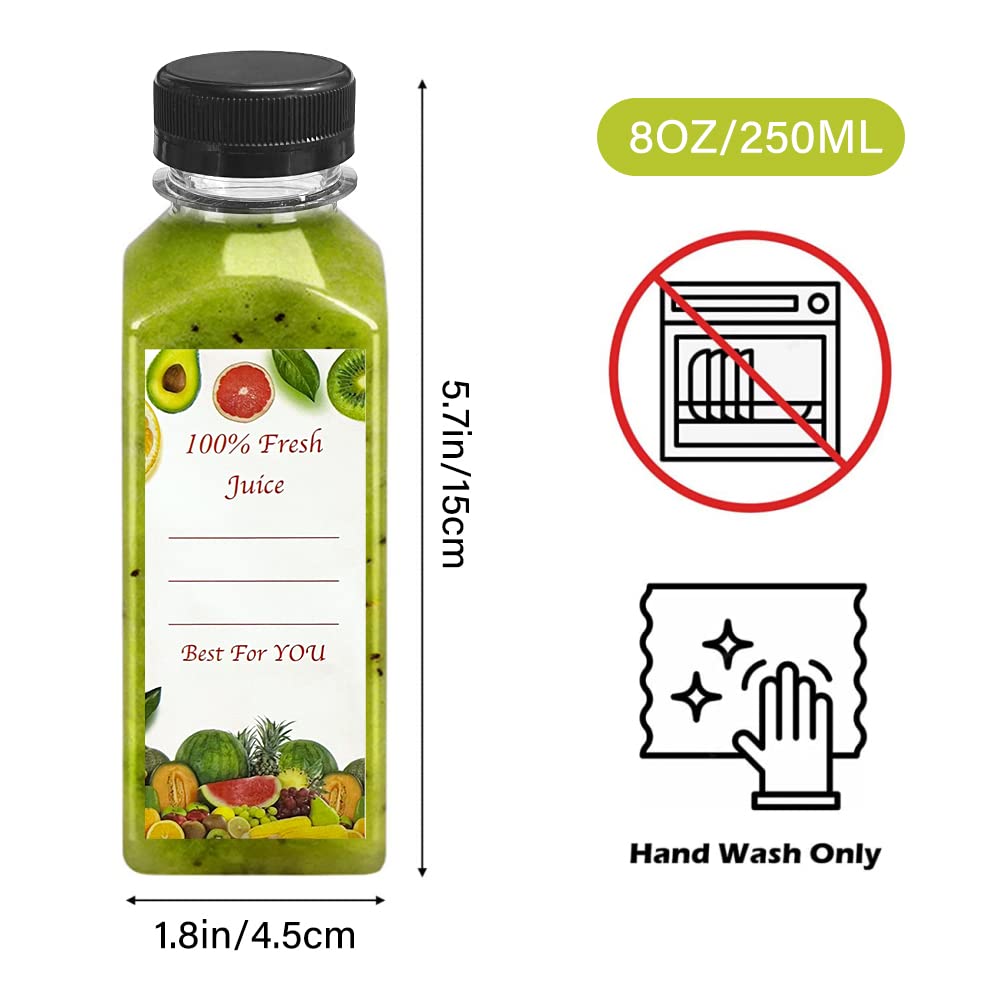 10 PCS 8 Ounce Empty Plastic Juice Bottles with Black Tamper Evident Lids, Clear Reusable Containers with Label, Funnel and Brush, Suitable for Juice, Milk, Smoothie and Homemade Beverages