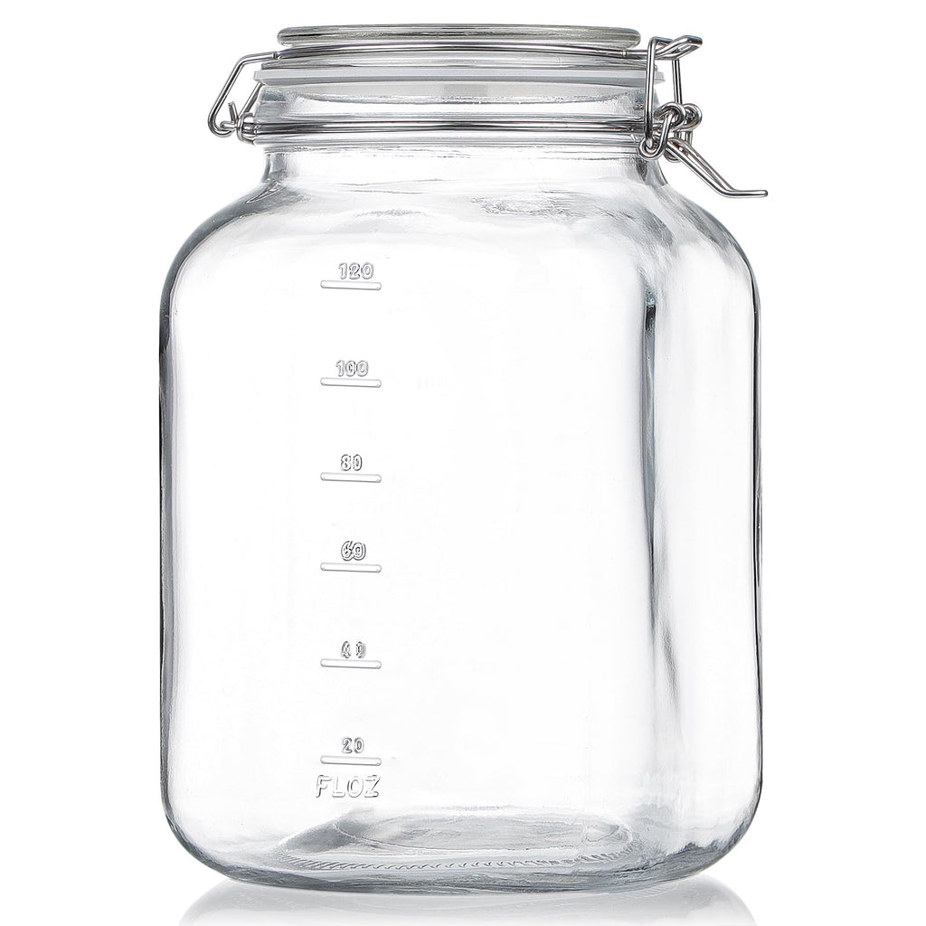 Folinstall Square Super Wide-Mouth Mason Jar with Airtight Lid, 1 Gallon（ 4100 ML） Glass Jar with 2 Measurement Marks, Sturdy Large Glass Tank with Lid For Overnight Oats, Kombucha, Pickle, Kimchi