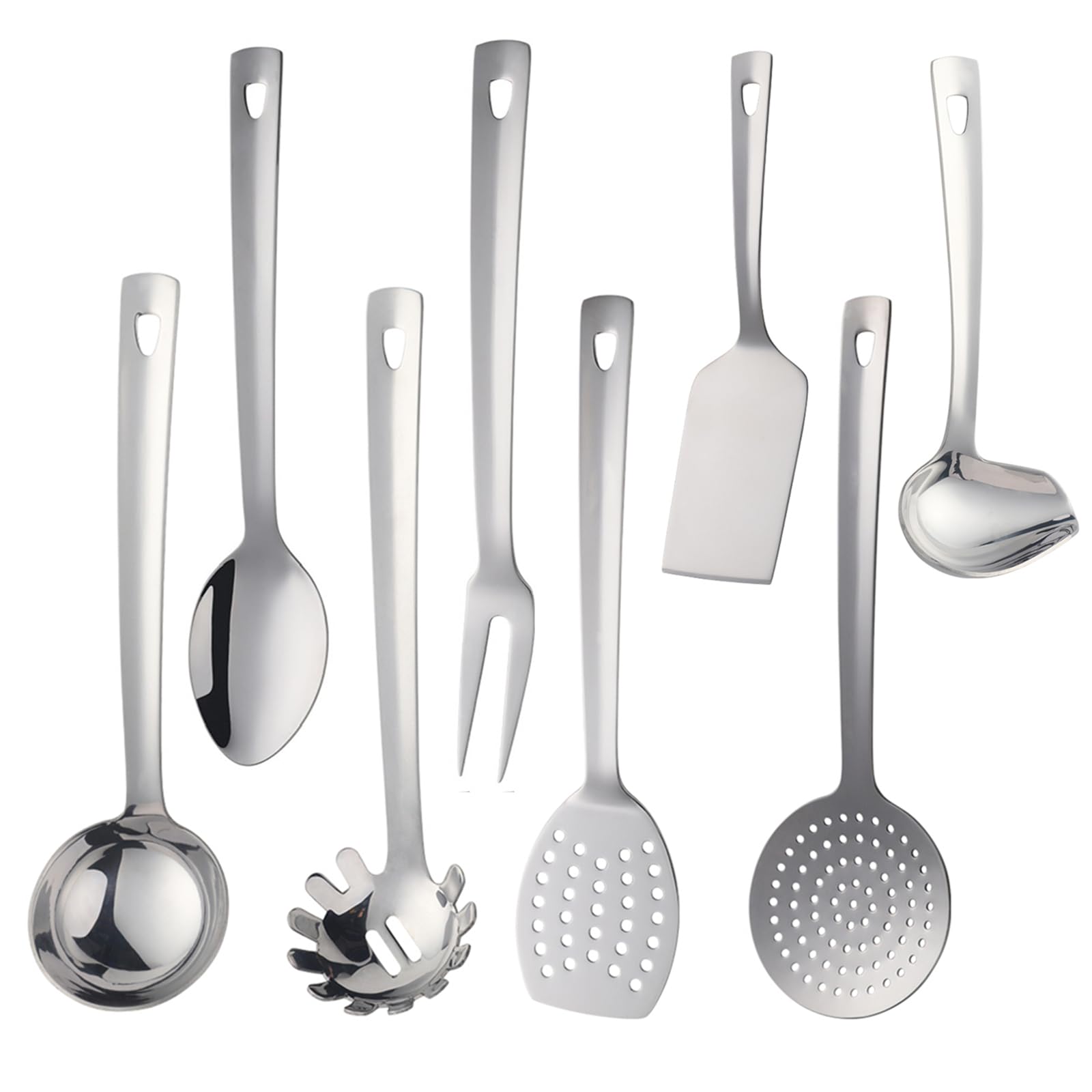 QOBIMOON Stainless Steel Kitchen Utensil Set, 8-Piece One-Piece Solid Metal Cooking Tools with Hanging Holes - Includes Ladle, Slotted Spoon, Turner, Spatula, Masher - Dishwasher Safe