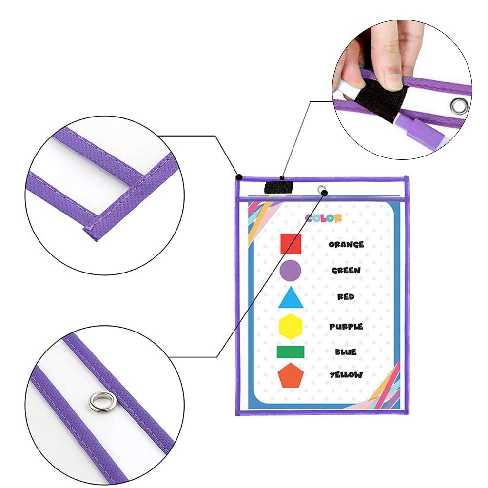 Dry Erase Pockets Sheet Protectors 30 Pack Reusable Oversized 10" x 13" Clear Durable Plastic Sleeves with 12 Pens, 4 Erasers and 2 Rings for Classroom Organization, Teacher and School Supplies