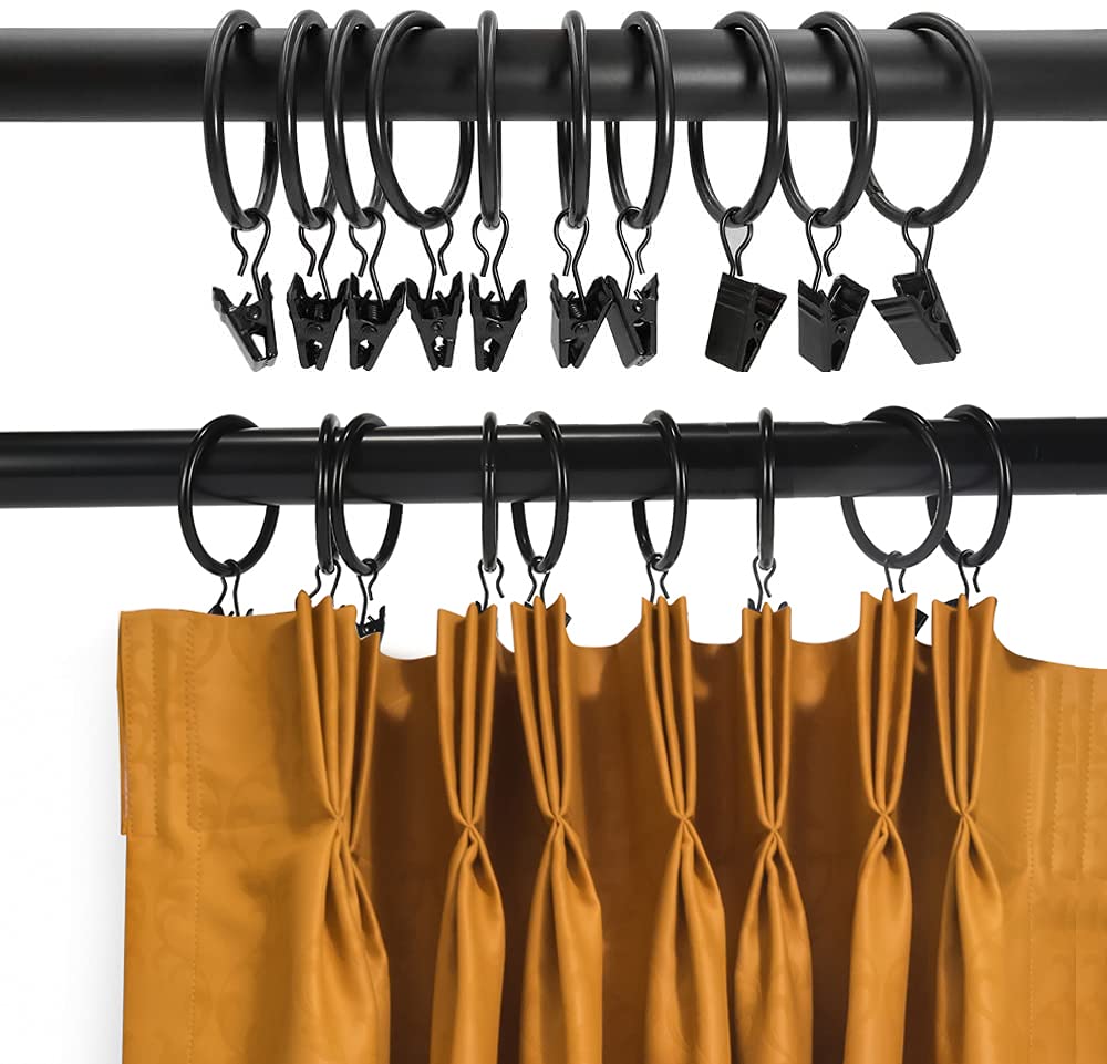 Goowin 40 Pcs Curtain Hooks, 1.5 inch Curtain Rings, Rustproof Curtain Rings with Clips, Metal Solid Curtain Clips with Rings, Decorative Vintage Curtain Hooks for Drapes, Black