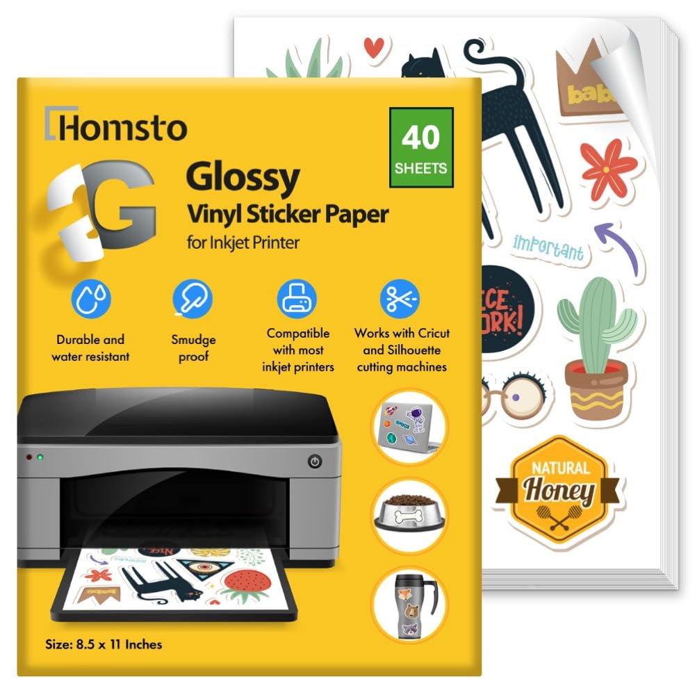 Vinyl Sticker Paper, Glossy Printable Sticker Paper for Inkjet Printer, Quick Drying, Water Resistant, Scratch Resistant, Sticks to Most Surfaces, 8.5 x 11 Inches, 40 Sheets