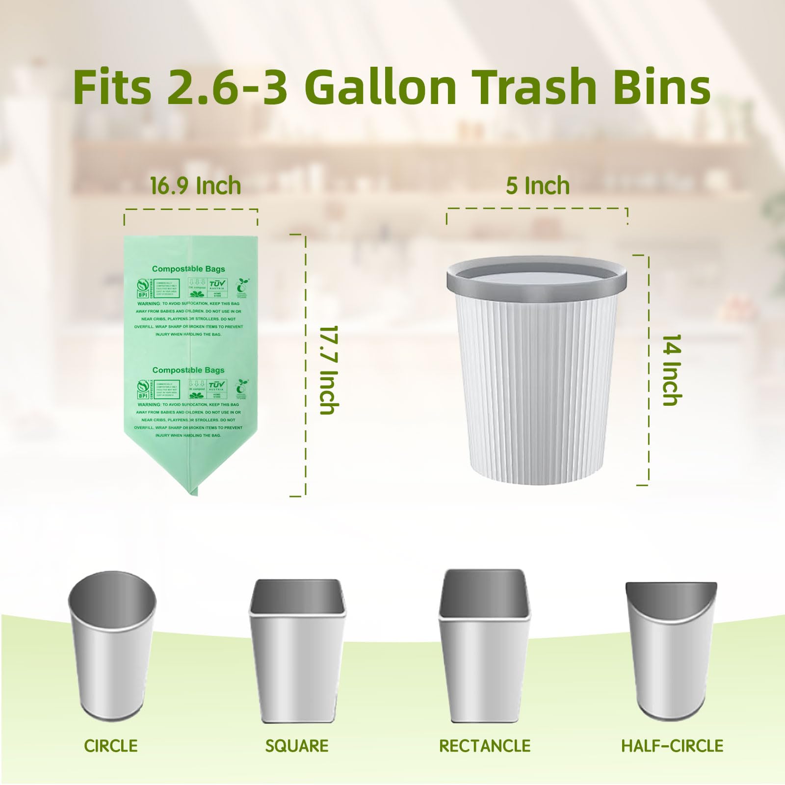 Compostable Trash Bags, Small Compost Bags 3 Gallon, 16.9" x 17.7", Compostable Food Scrap Bags for Kitchen Waste, 0.8 Mils Thick Green Bin Liners for Garbage Disposal, 50-Count