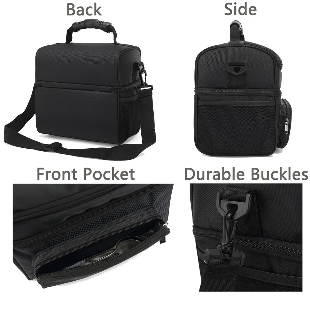 FlowFly Insulated Lunch Bag Adult Lunch Box Large Tote Double Layer Cooler for Men, Women, with Adjustable Strap,Front Pocket and Mesh Side Pockets,Black