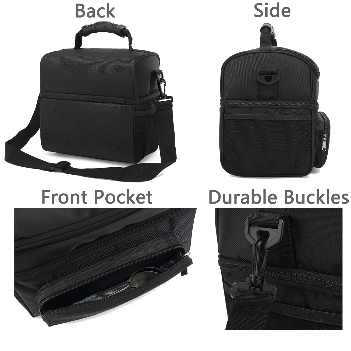 FlowFly Insulated Lunch Bag Adult Lunch Box Large Tote Double Layer Cooler for Men, Women, with Adjustable Strap,Front Pocket and Mesh Side Pockets,Black