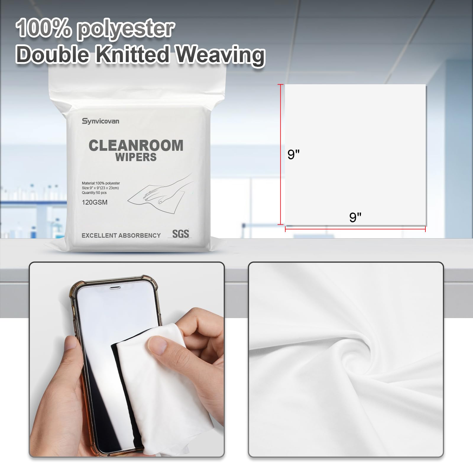 Synvicovan Cleanroom Wipers 9"x9"(50 Pcs, 100% Polyester, Class 100, 120GSM) Double Knit 100% Lint Free Cloths with Ultra-fine Filaments, Laser Sealed Edge Ultra-Soft Wipers