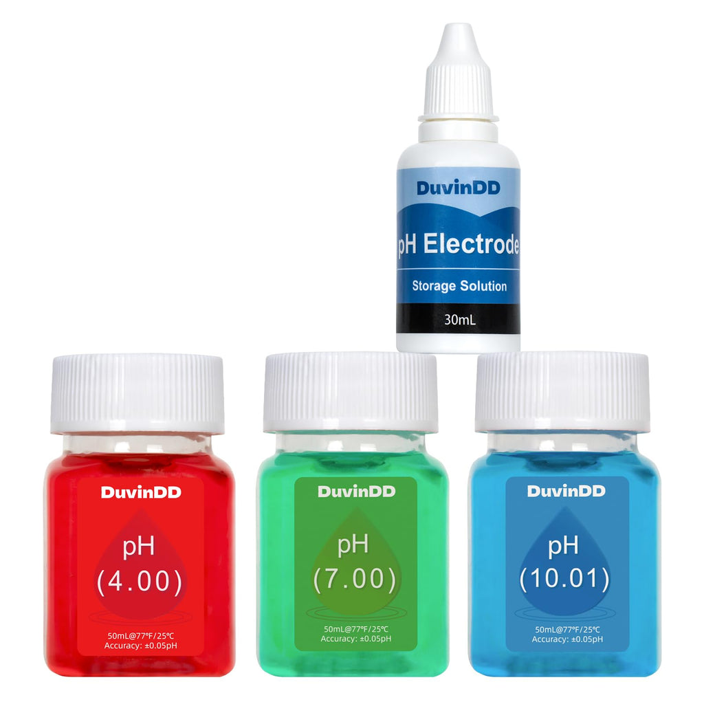 DuvinDD pH Meter Calibration Solution Kit - 3 Bottles 50ml (pH 4.00, 7.00 & 10.01) with 30ml pH Probe Electrode Solution, Professional Ready-Made pH Calibration Solution Plus KCL Storage Solution