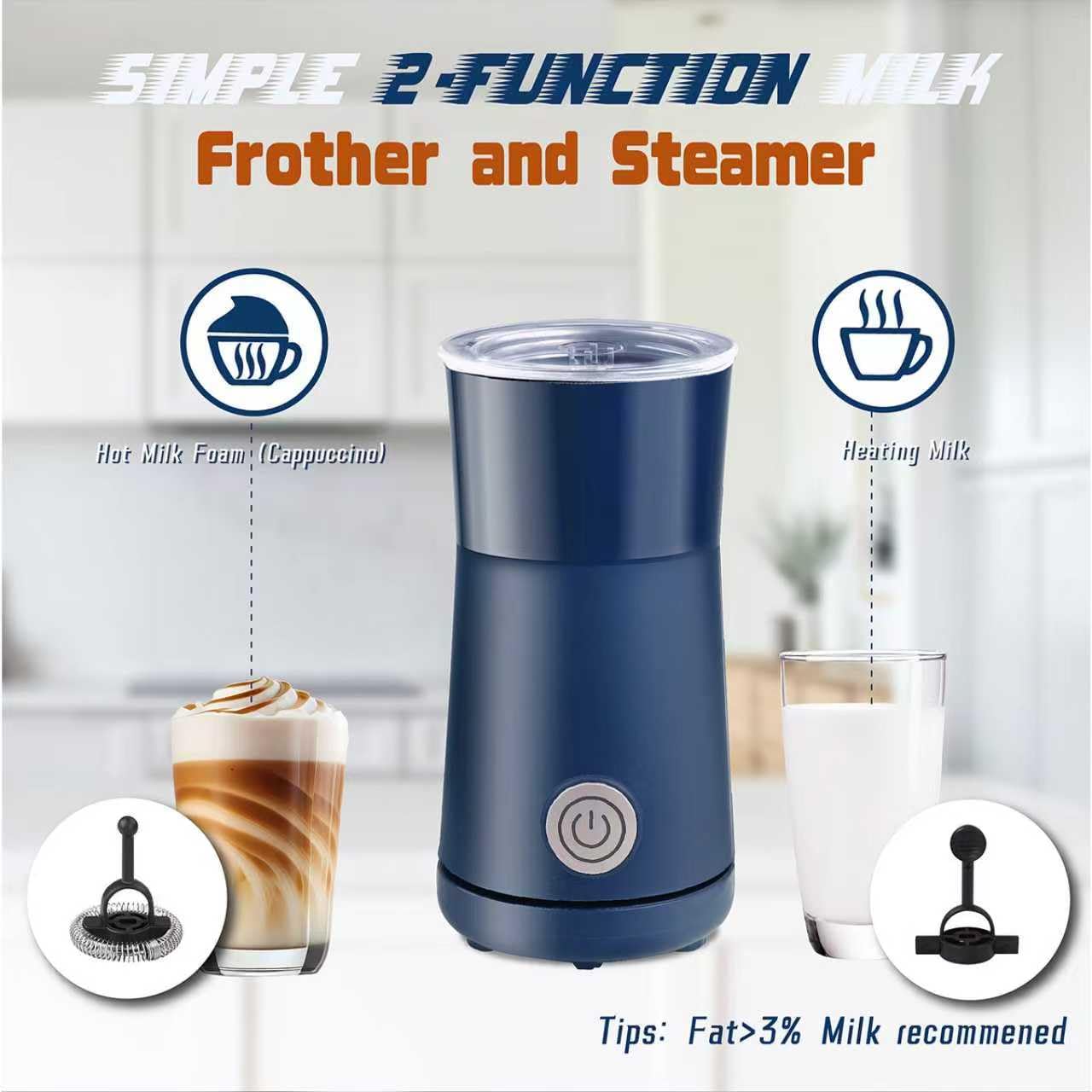 Seydere Simple Milk Frother, 2 in 1 Milk Steamer and Frother, Electric Milk Steamer, Milk Warmer and Hot Milk Foam Maker for Latter, Macchiato, Cappuccinos (Blue)