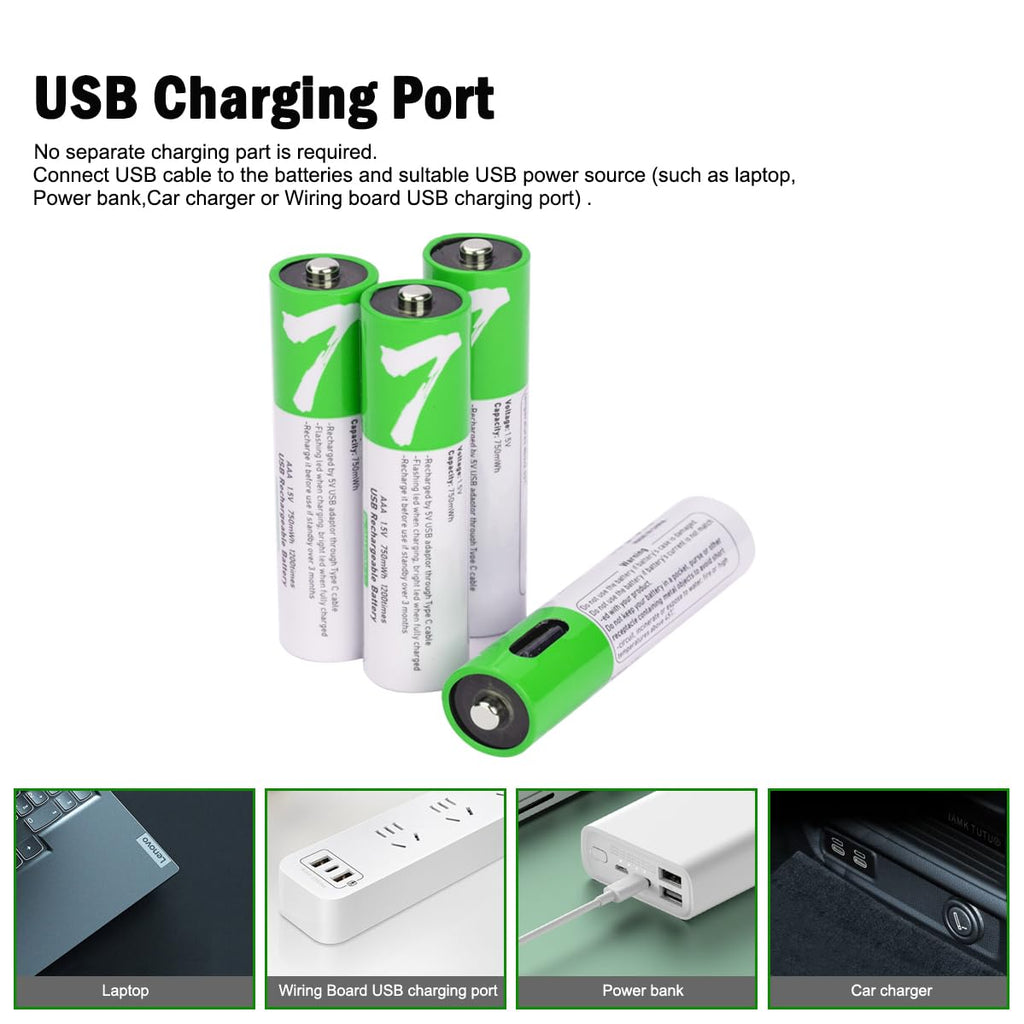 USB AAA Lithium ion Rechargeable Battery, 1.5V 750mWh Rechargeable AAA Battery, 1 H Fast Charge, 1200 Cycle with Type C Port Cable, Constant Output,4-Pack