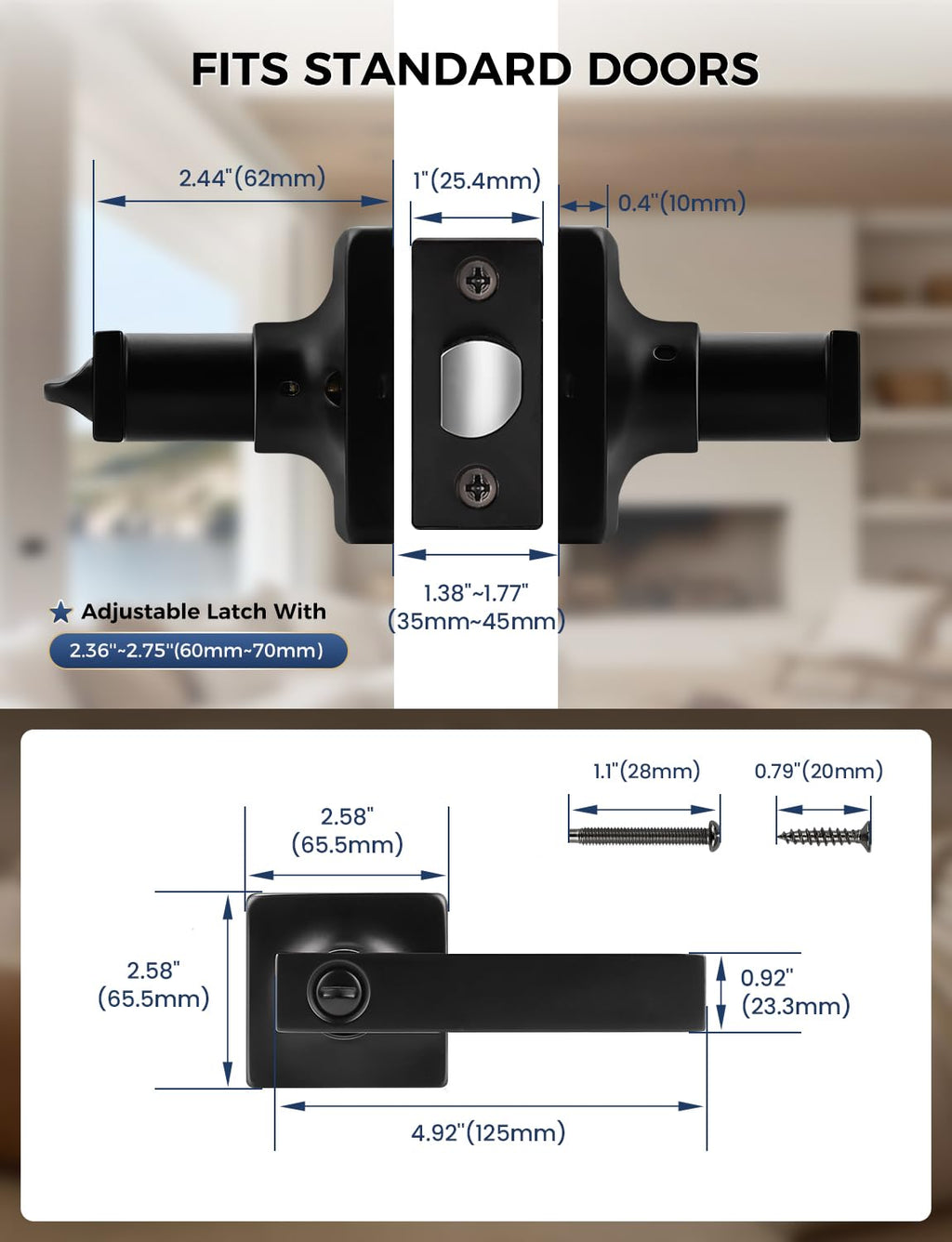 Mengico 1 Pack Black Privacy Lever Door Handle Interior with Lock, Heavy Duty Square Door Lever for Bed/Bath, Keyless Door Locksets, Reversible for Left Right Handed Doors