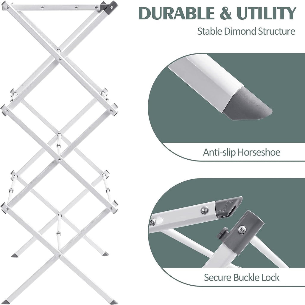Stanz (TM) Large Expandable Clothes Drying Rack Fold Away Laundry Rack Collapsible 3 Tiers Clothes Drying Rack Steel Max. 30" / 76CM Long No Assemble Needed, Ready to Use