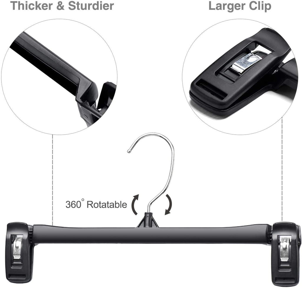 Pants Hangers, Durable and Sturdy Plastic Hanger,30 Pack 12inch Black Plastic Skirt Hanger with Non-Slip Big Clips and 360 Rotatable Hook