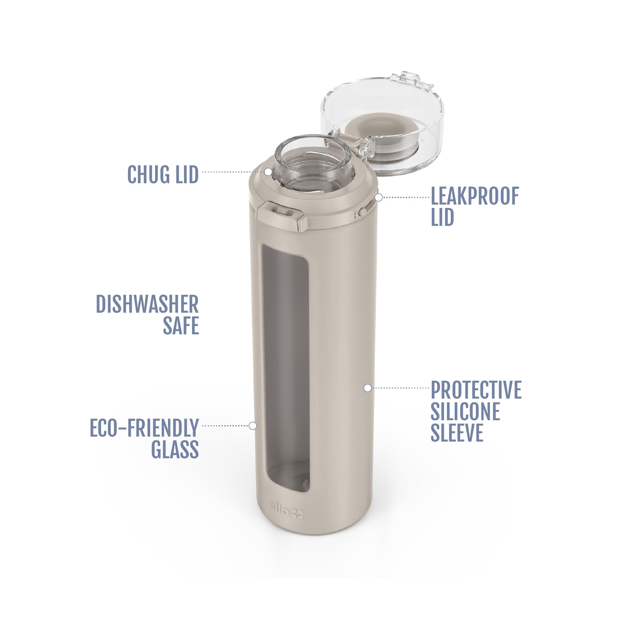 Ello Syndicate 20oz Reusable Glass Water Bottle with One-Touch Leak Proof Flip Lid, Protective Non-Slip Silicone Sleeve, Carry Loop for Coffee, Tea and Water, BPA-free, Dishwasher Safe, Sand