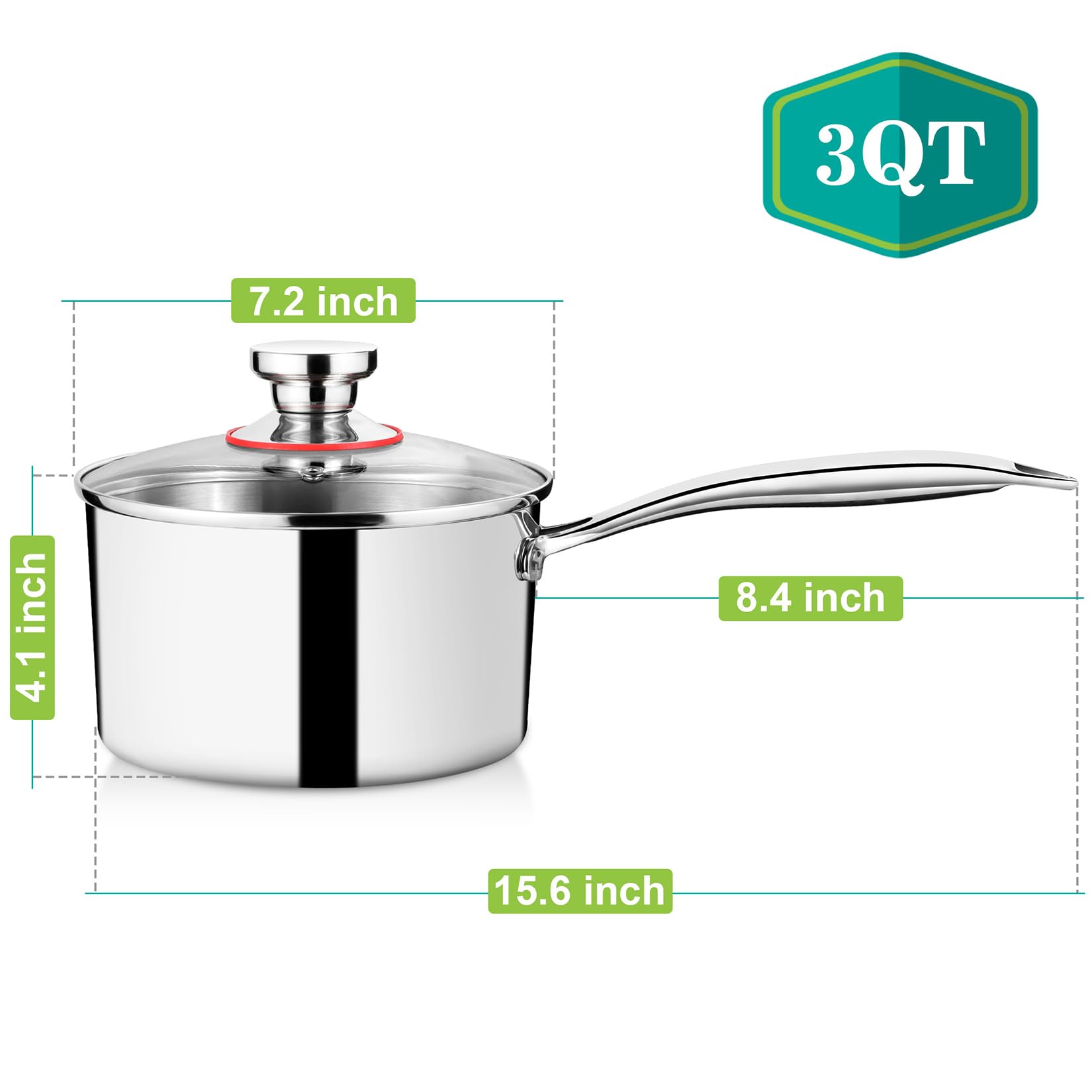 3 Quart Tri-Ply Stockpot and Saucepan, P&P CHEF Stainless Steel Sauce Pan with Lid, Cooking Induction Pot, Kitchen Cookware for All Stoves, Non-Toxic, Durable & Dishwasher Safe