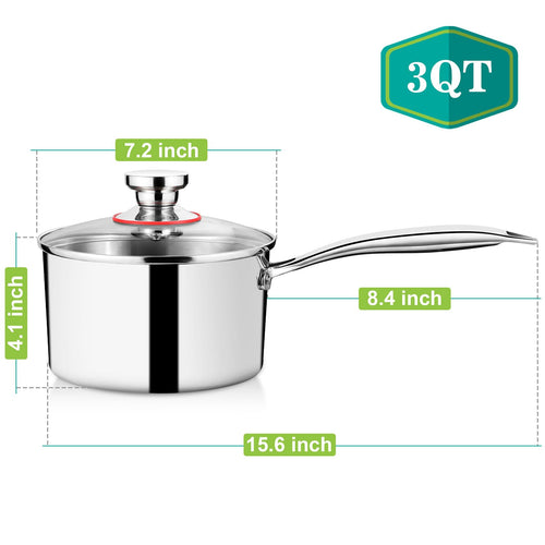 3 Quart Tri-Ply Stockpot and Saucepan, P&P CHEF Stainless Steel Sauce Pan with Lid, Cooking Induction Pot, Kitchen Cookware for All Stoves, Non-Toxic, Durable & Dishwasher Safe