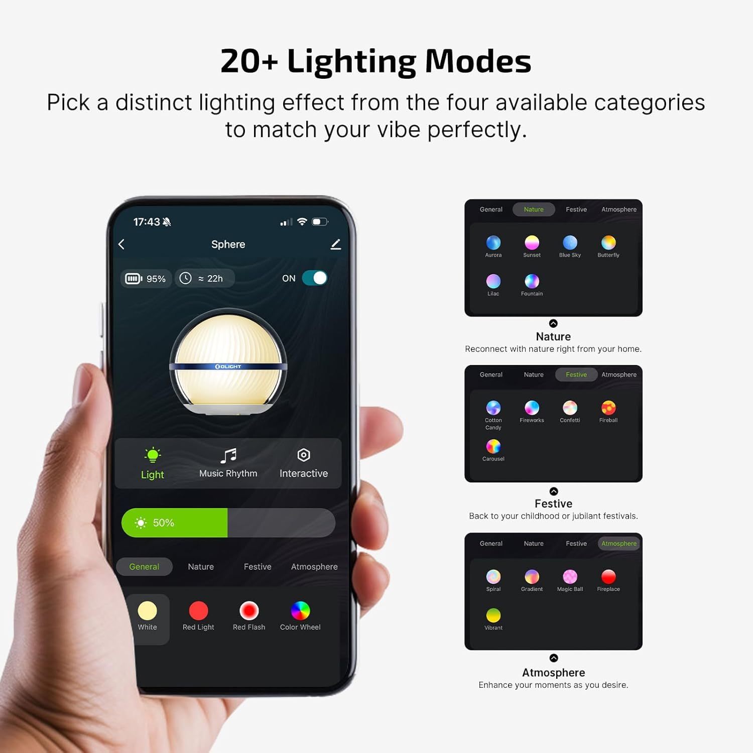OLIGHT Sphere Portable LED Light, Rechargeable 360-degree Light-Emitting Ambient Lighting with APP Control, 75 Lumens RGB Color Dimmable Camping Light with Magnetic Base for EDC, Outdoor