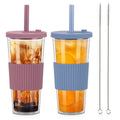 UHAPEER 2 Pack Reusable Boba Tea Cups, 24oz Iced Coffee Cup with Straw and Lid, Leakproof Clear Plastic Cups Tumbler, Double Wall Insulated Smoothie Tumbler, Wide Straw for Bubble Tea, Pink and Bule
