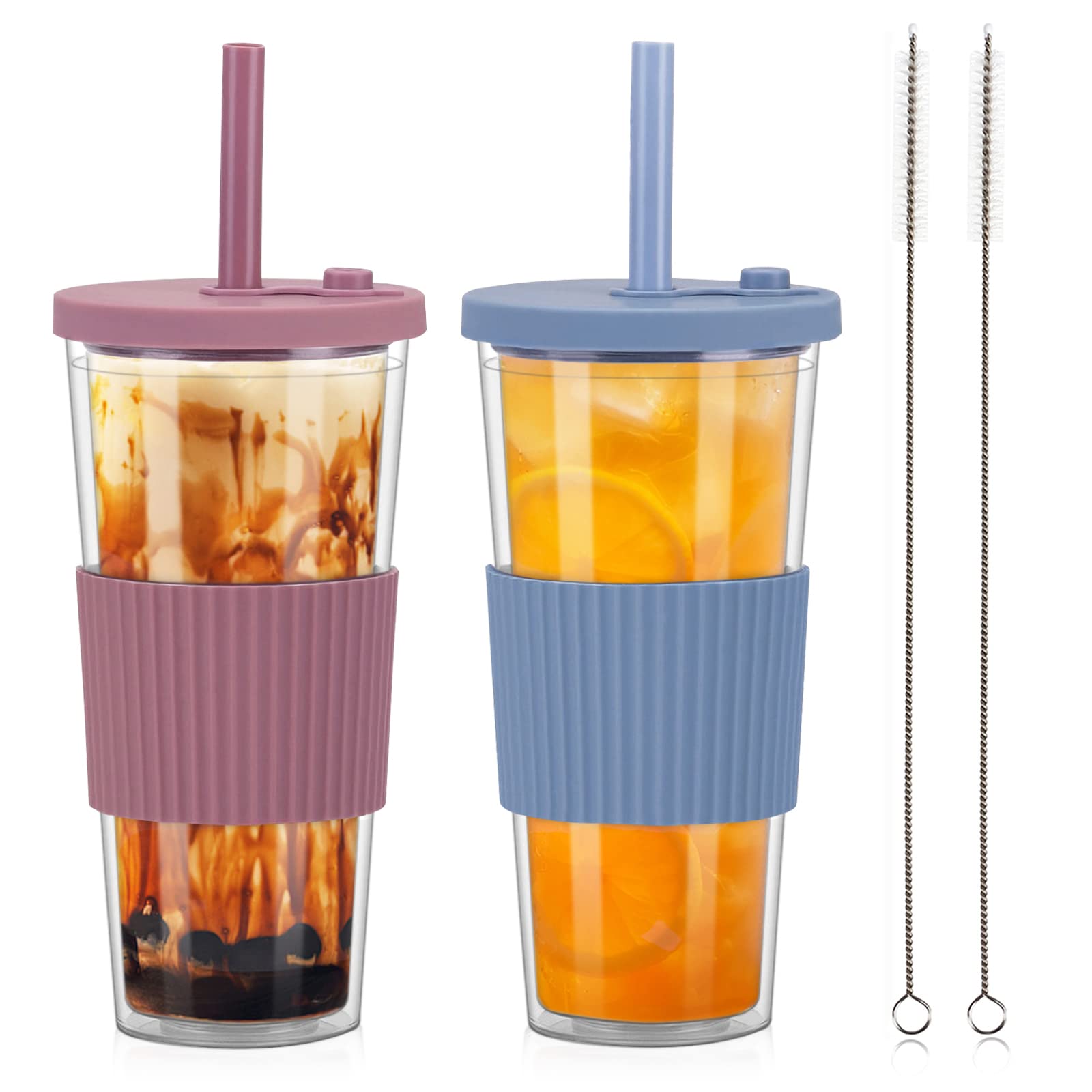 UHAPEER 2 Pack Reusable Boba Tea Cups, 24oz Iced Coffee Cup with Straw and Lid, Leakproof Clear Plastic Cups Tumbler, Double Wall Insulated Smoothie Tumbler, Wide Straw for Bubble Tea, Pink and Bule