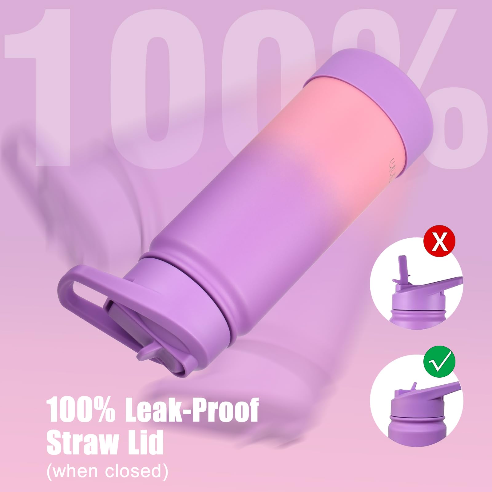 mininoo Girls Kids Water Bottle for School, 16oz Stainless Steel Insulated Water Bottle with Straw Lid (Purple/Pink)