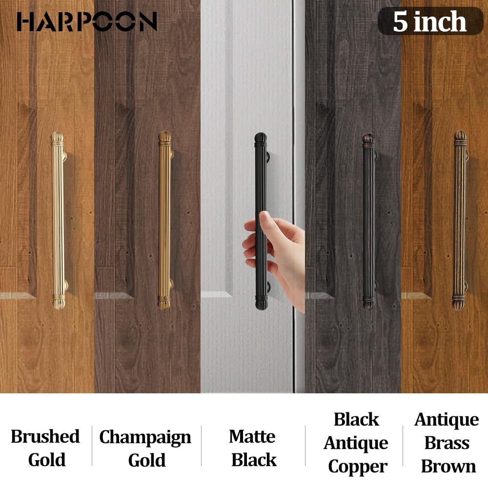 HARPOON 6 Pack Kitchen Cabinet Handles,Vintage Cabinet Bar Pulls, Drawer Handles Classic Home Hardware, 5 inch Hole Center, Champagne Bronze