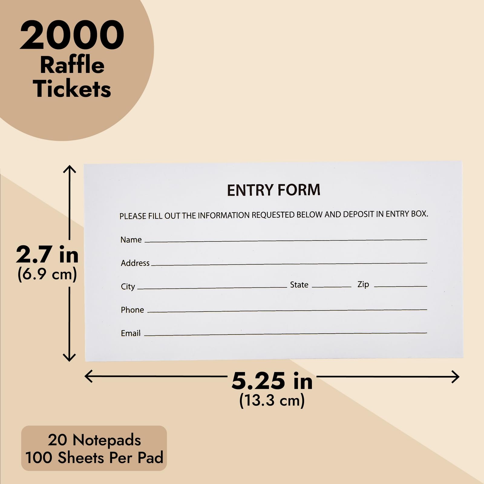 2000 Raffle Ticket Sheets, Blank Entry Forms for Contests, School Events (White, 20 Pads)