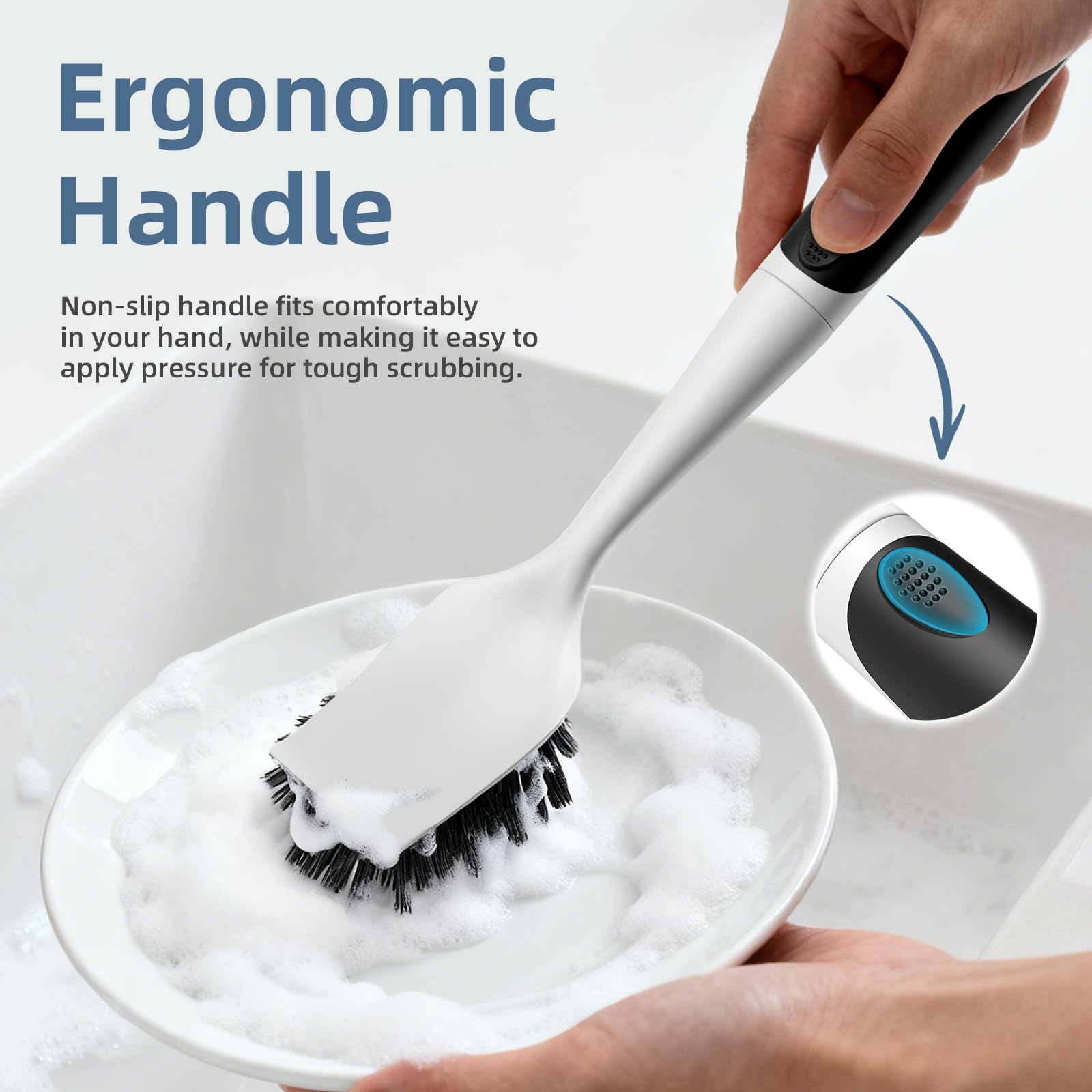 Cleangor Dish Scrub Brush, 2 Pack Stiff Bristles Cleaning Scrubber Brushes with Non Slip Handle Built-in Scraper, Kitchen Dish Brushes for Cleaning Pans, Pots, Stoves, Sink