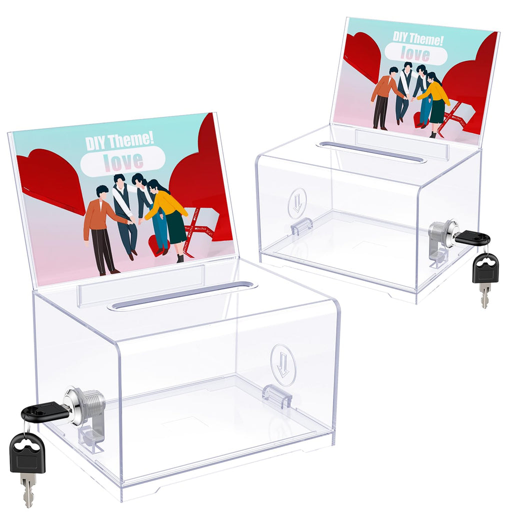 Uniclife 2 Pcs Acrylic Donation Box with Lock and Sign Holder Clear Ballot Box with Slot Plastic Suggestion Boxes Storage for Fundraising Voting Charity Tip Collection,15.7x11.9x10.16