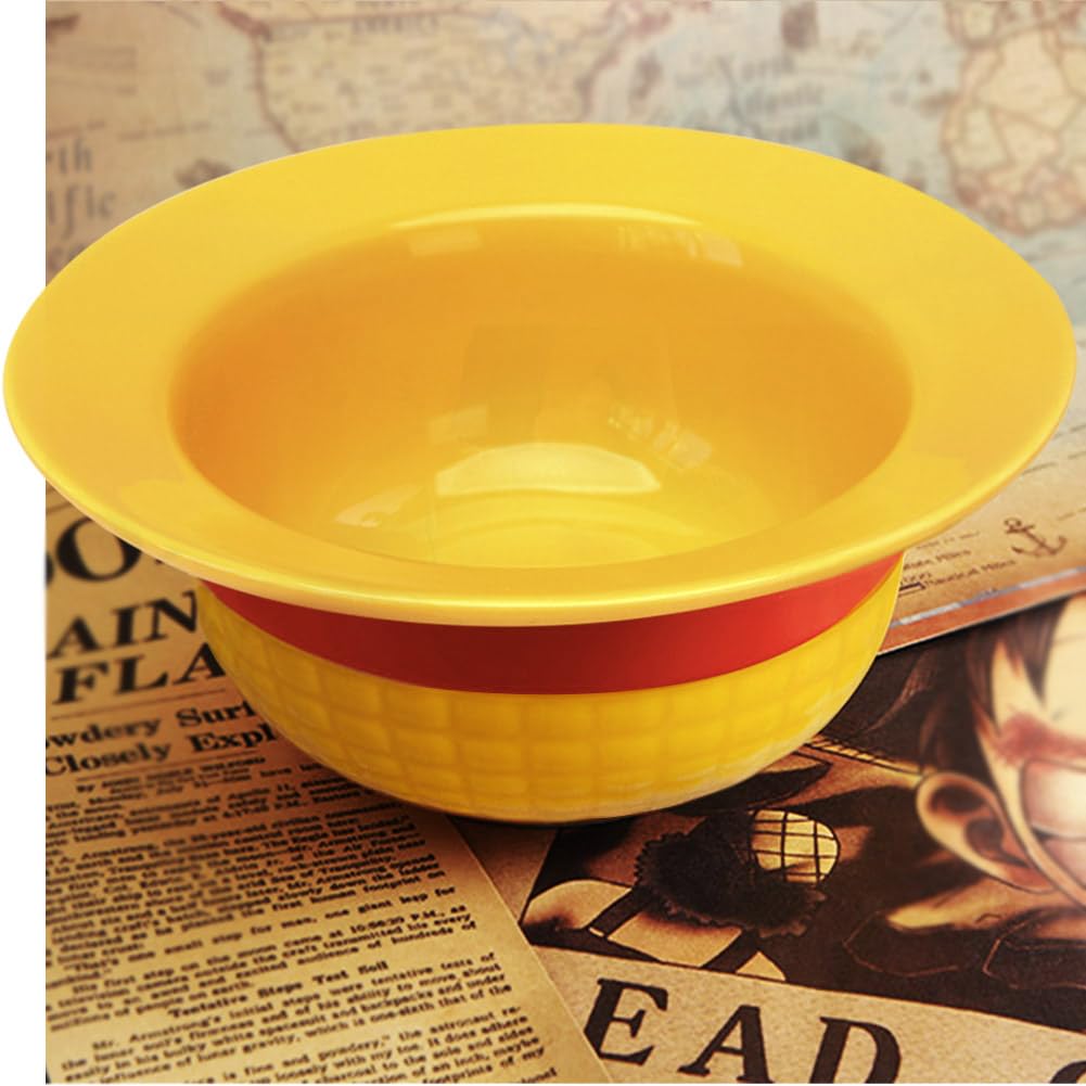 5-in-1 Gift Set - Straw Hat Shaped Ceramic Bowl with Stainless Steel Utensils - Novelty Ramen Bowl for Noodles, Salad, Cereal - Unique Japanese Style Bowl Decor Gift for Anime Lovers
