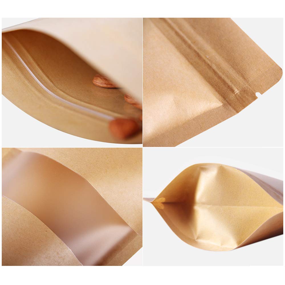 Kingrol 300 Count 3.5 x 5.5 Inch Kraft Paper Bags with Resealable Lock Seal Zipper &Transparent Window, Stand Up Food Bags