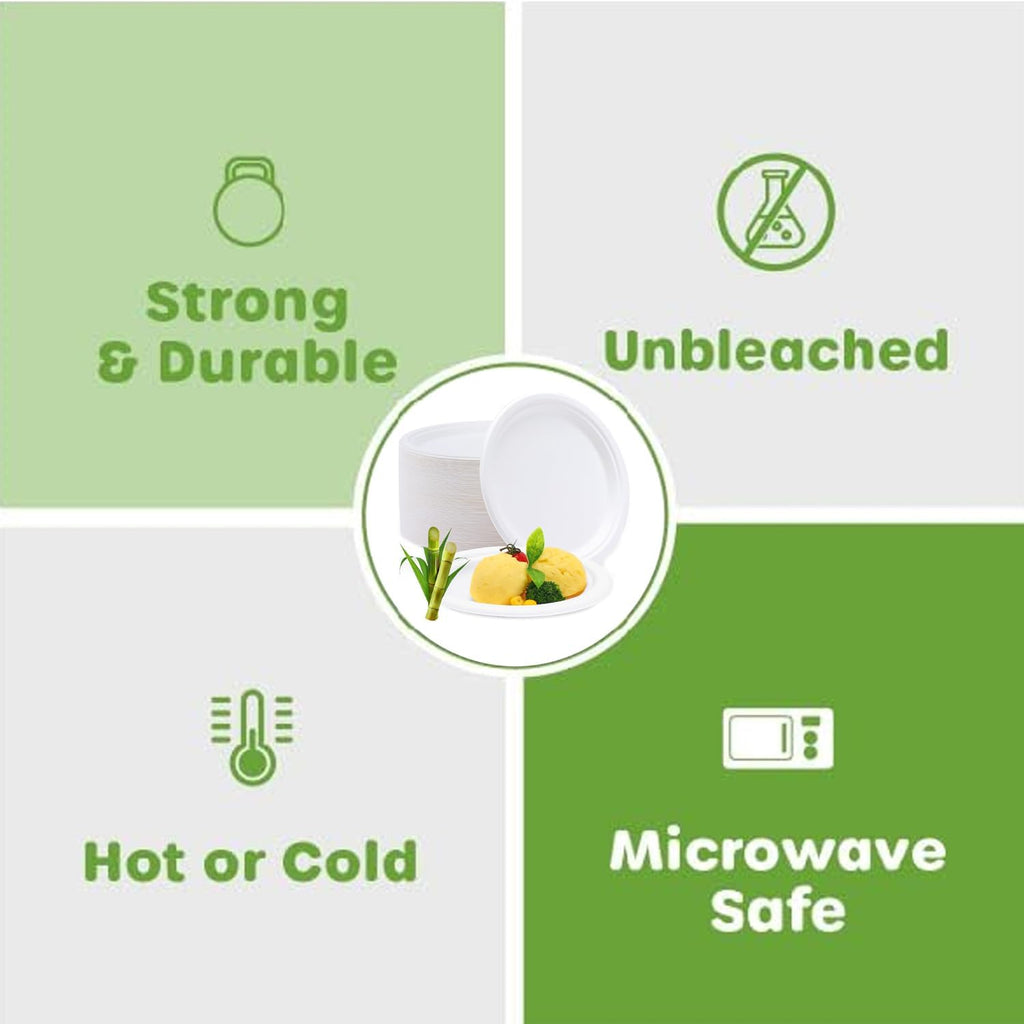 Miecux Paper Plates, Compostable Paper Plates[100-Pack] 9 Inch Plates - Eco-Friendly, Biodegradable Sugarcane Bagasse, Heavy Duty Paper Plates, White Paper Plates for Party
