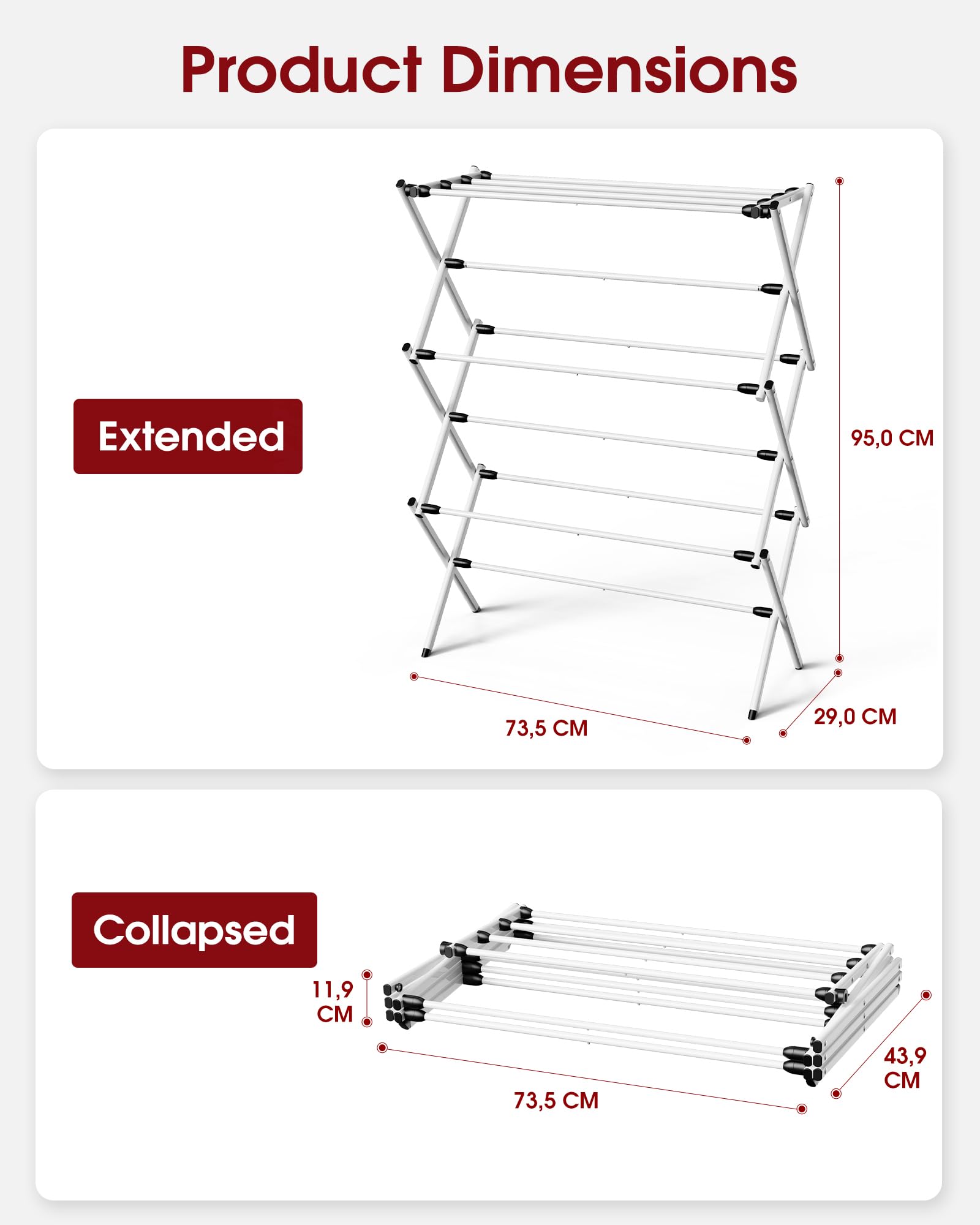 Sakugi 3 Tier Clothes Drying Rack, Foldable Clothes Drying Rack with Non-Slip Feet, Portable Laundry Drying Rack for Clothing, Indoor & Outdoor Use, 73.5 x 29 x 95 cm, White