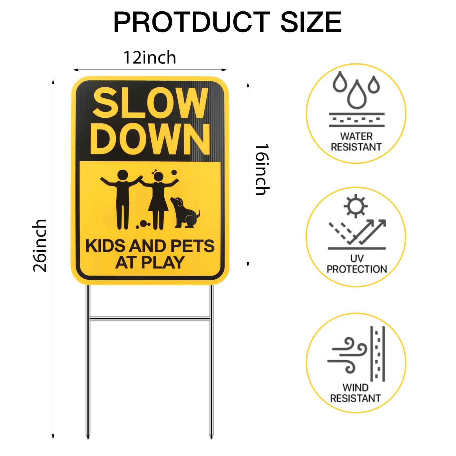 Eyoloty Slow Down Sign With Metal Stake,12"*16" Kids & Pets at Play Sign for Street Neighborhoods,Double Sided Corrugated Plastic Yard Sign,Child Safety Caution Signs,Waterproof,Non-Fading (3 Pack)