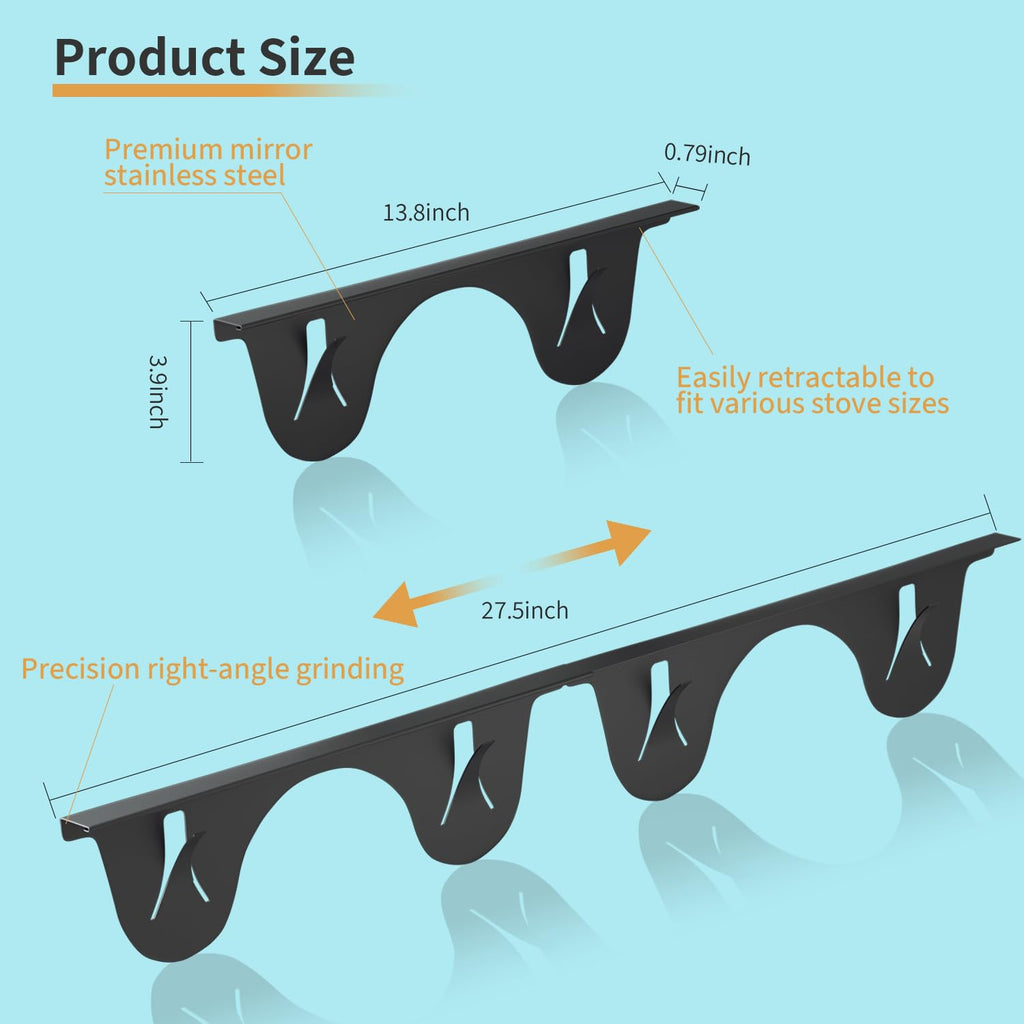Stainless Steel Stove Counter Gap Cover (2 Pack, Black), Stove Gap Guard, Stove Gap Filler for Kitchen, Range Trim Kit, Heat Resistant with Easy Clean, Adjustable Length 13.8” to 27.5”