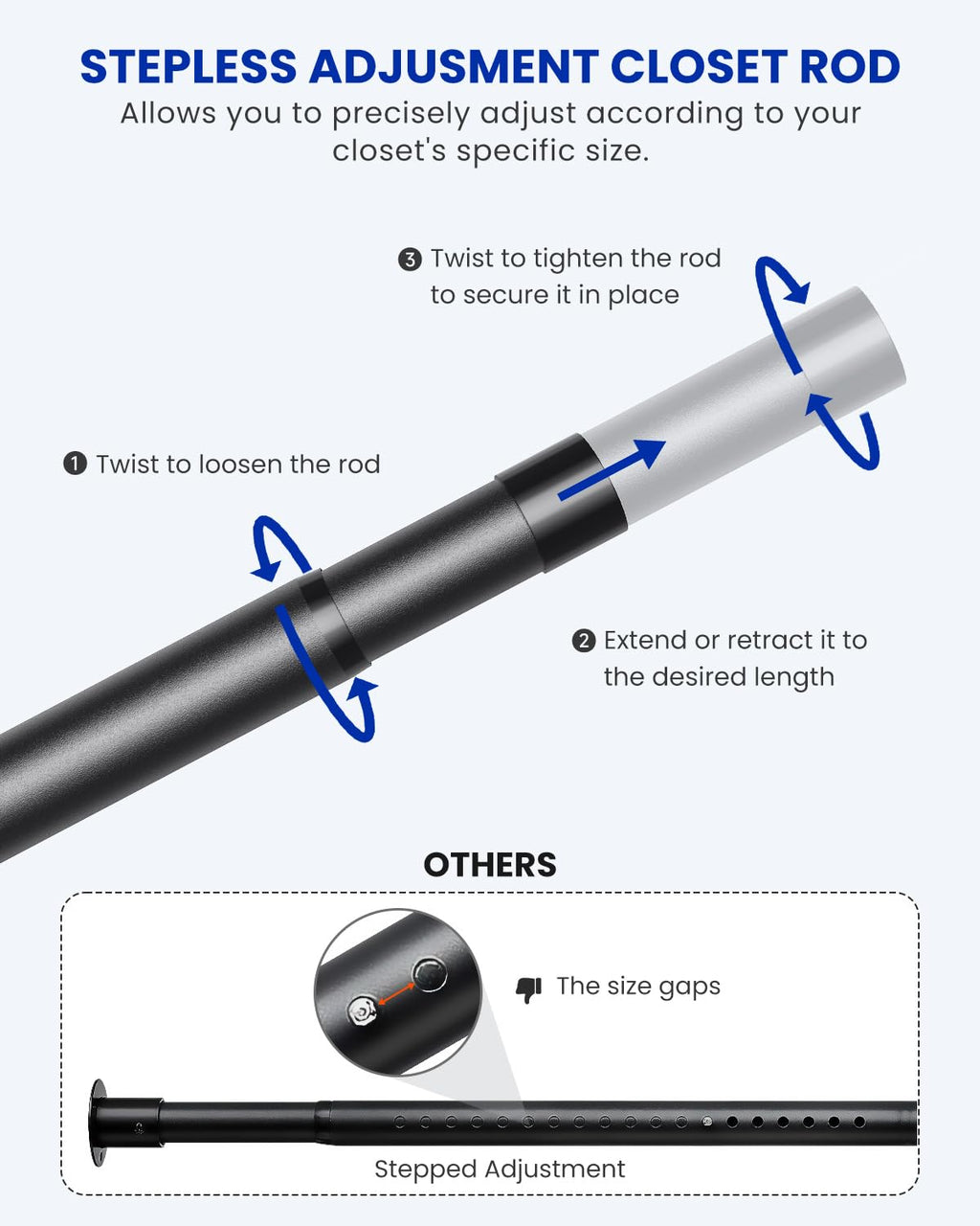 Closet Rods for Hanging Clothes, 17-69 inches Stepless Adjustable Metal Closet Rod, 1.3 Inches Heavy Duty Clothes Hanging Rod for Closet Wardrobes Laundry RV, Black