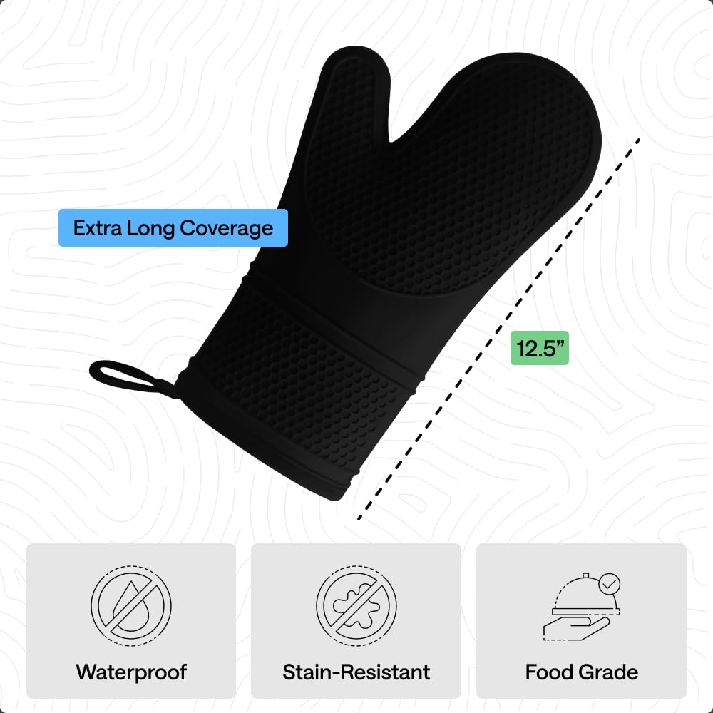 GORILLA GRIP Heat Resistant Silicone Oven Mitts Set, Soft Quilted Lining, Extra Long, Waterproof Flexible Gloves for Cooking and BBQ, Kitchen Mitt Potholders, Easy Clean, Set of 2, Black