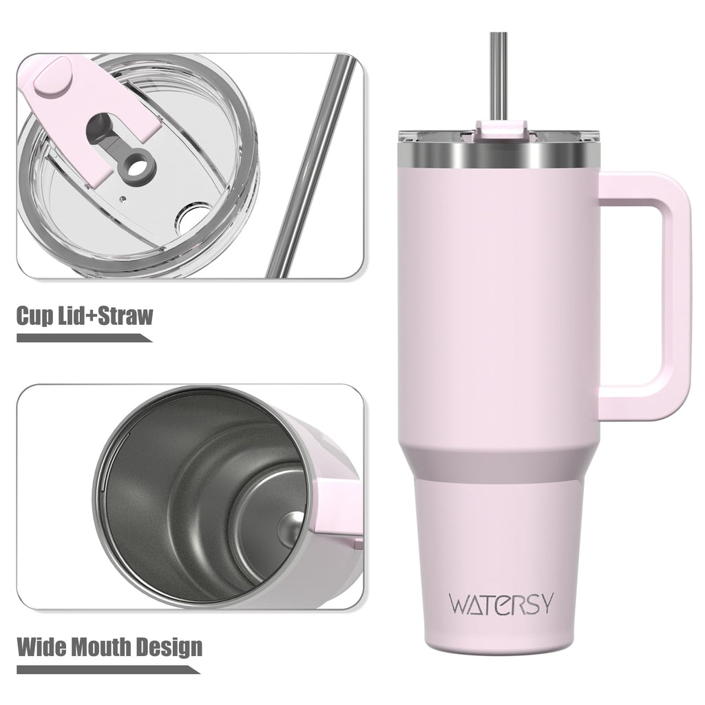 WATERSY 40 oz Tumbler with Handle,Tumbler with Lid and Straw,Double Wall Insulated Cup Stainless Steel Travel Mug(Cold for 34 Hours),Water Bottle for Iced Tea,Coffee,Cold Beverages(Rose Quartz)