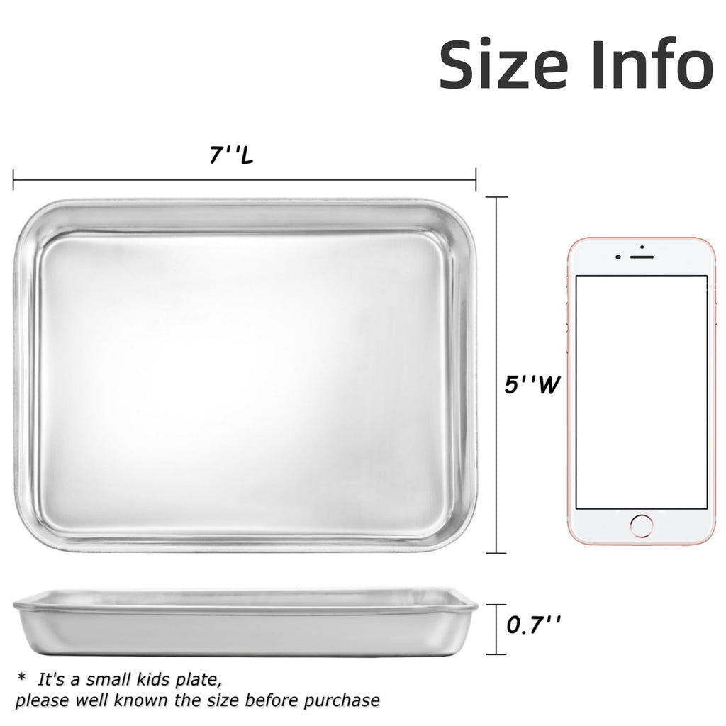 Lyellfe 6 Pack Small Stainless Steel Plates, 7''L x 5''W Mini Metal Food Tray Plate, Portable Size Baking Sheets for Oven, Food Safe Smooth Polished for Picky Eaters, Campers, Hand Project