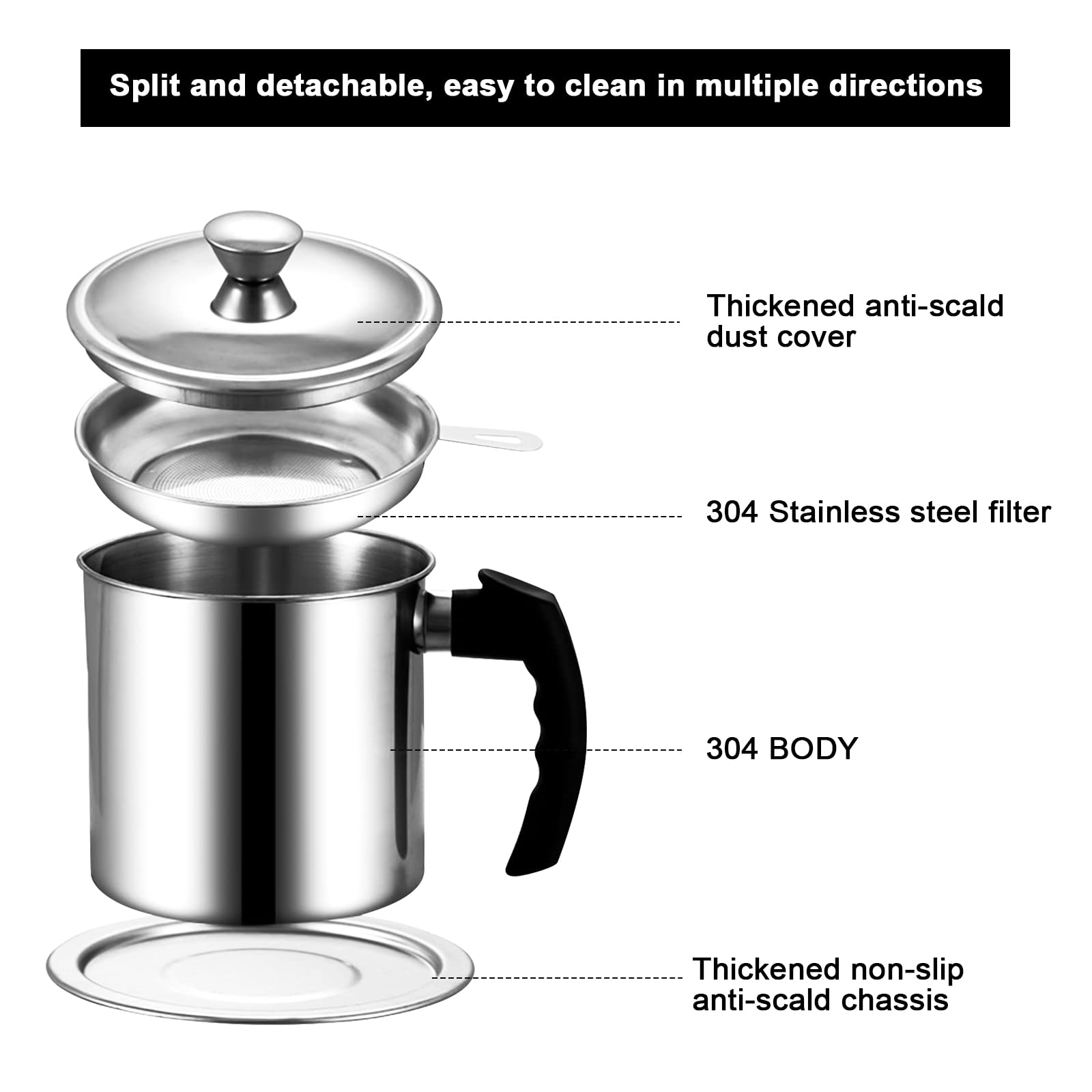 1.3L Oil Strainer Pot, Stainless Steel Bacon Grease Container with Strainer & Lid, Silver Cooking Oil Storage Can Container, Kitchen Oil Fat Storage Fat Tank Pot for Frying Oil and Cooking Grease