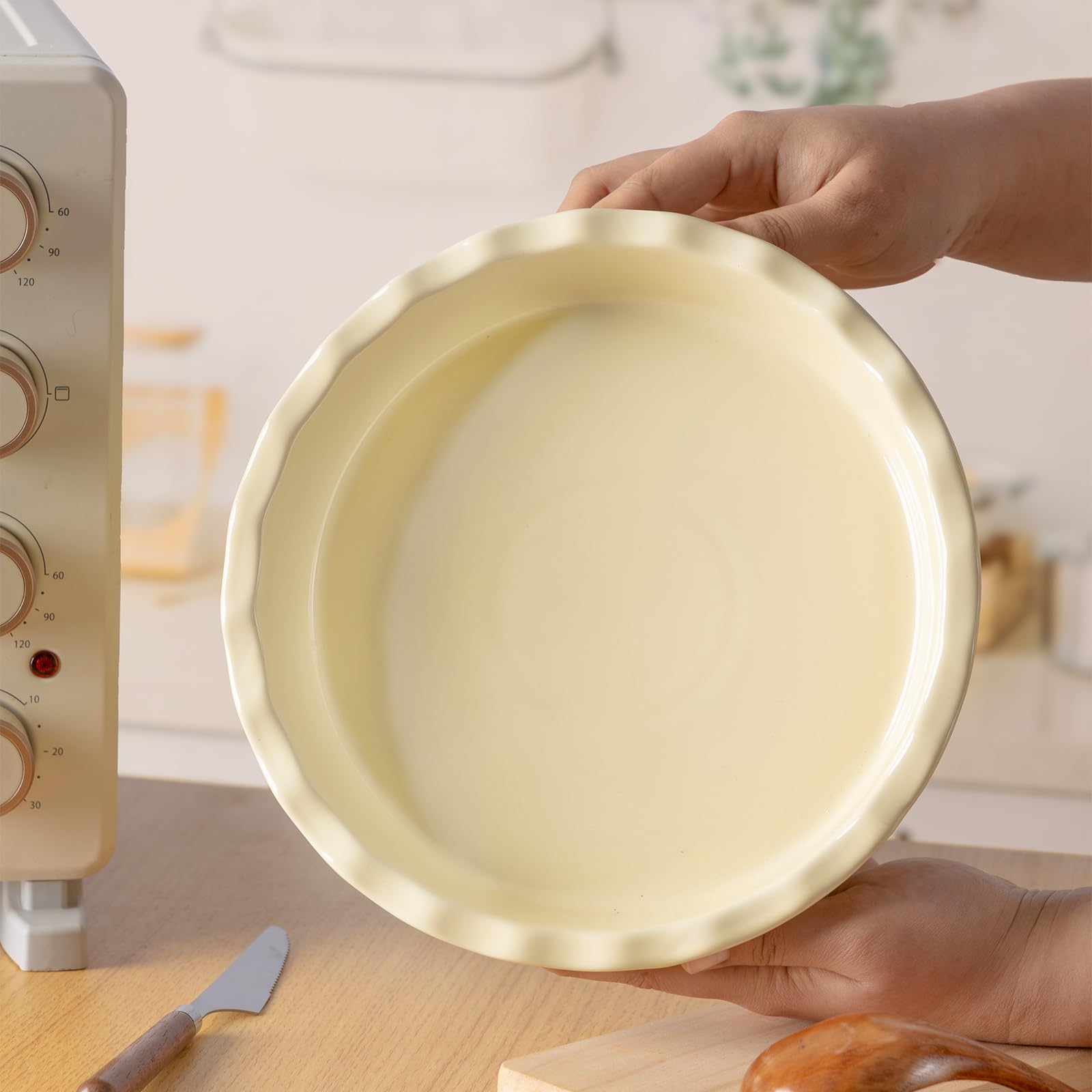 Avcylltty Ceramic Pie Pan for Baking 10 inch, Pie Dish for Quiche, Apple Pie, Pot Pies, Deep Dish Pie Plate with Ruffled Edges, Non-Stick Cake Pan, Microwave,Dishwasher,and Oven Safe, Butter Yellow