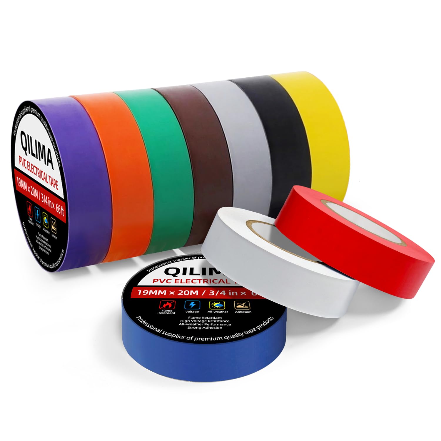 QILIMA Electrical Tape Colors 10 Pack 3/4-Inch by 60 Feet,Lead-Free Flame Retardant Electrical Tape, Adhesive for General Home Vehicle Auto Car Power Circuit Wiring Multicolor(130mic)