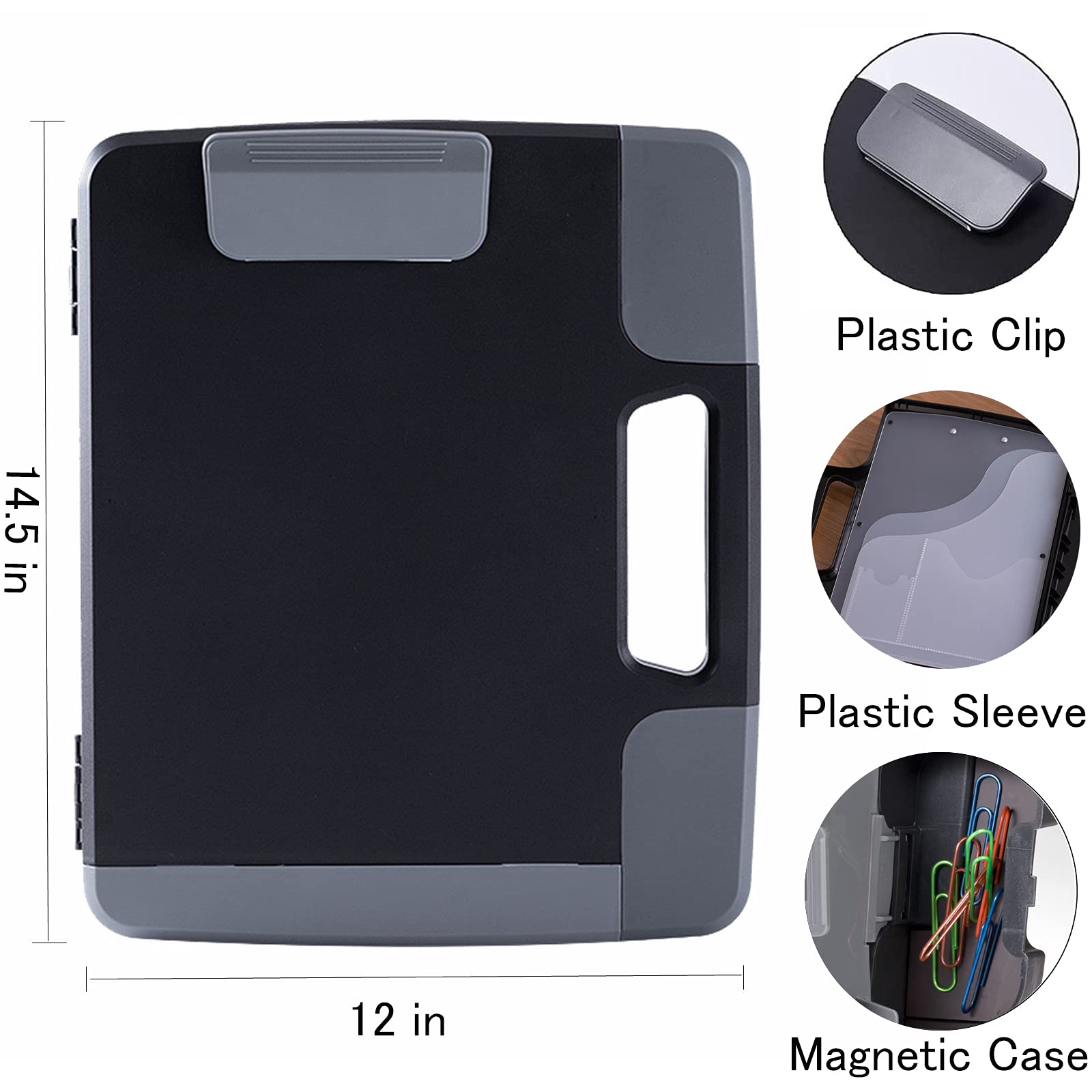 Tradetop Portable Clipboard Folder with Storage, Plastic Storage Case with Side-Opening, Heavy Duty Clipboard, A4 Size Writing for Office, 14.5"x12"x 1.75", Black