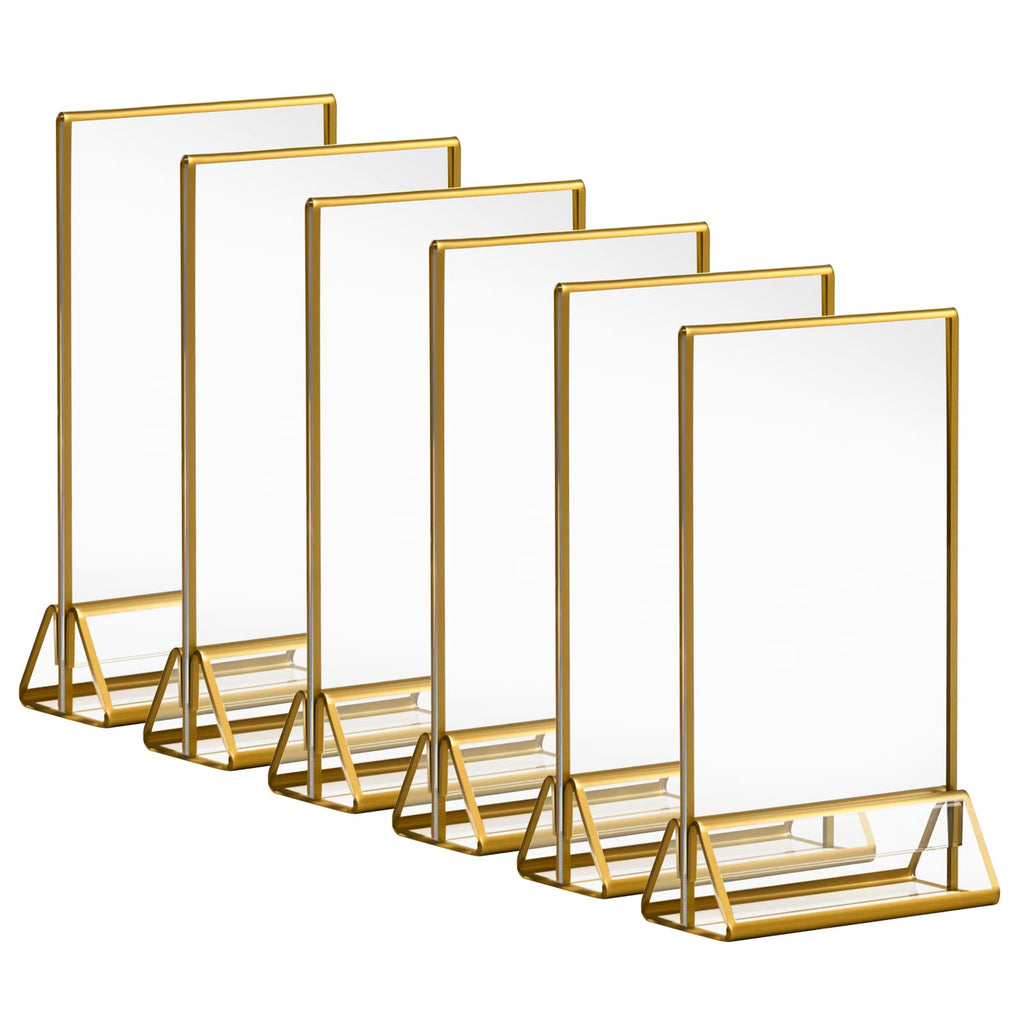 Acrylic Gold Sign Holders, 4x6 Vertical Clear Picture Frames with Gold Borders, Double Sided Table Menu Display Stand for Restaurant Signs, Wedding Table Numbers, Photos and Art Display - 6 Pack