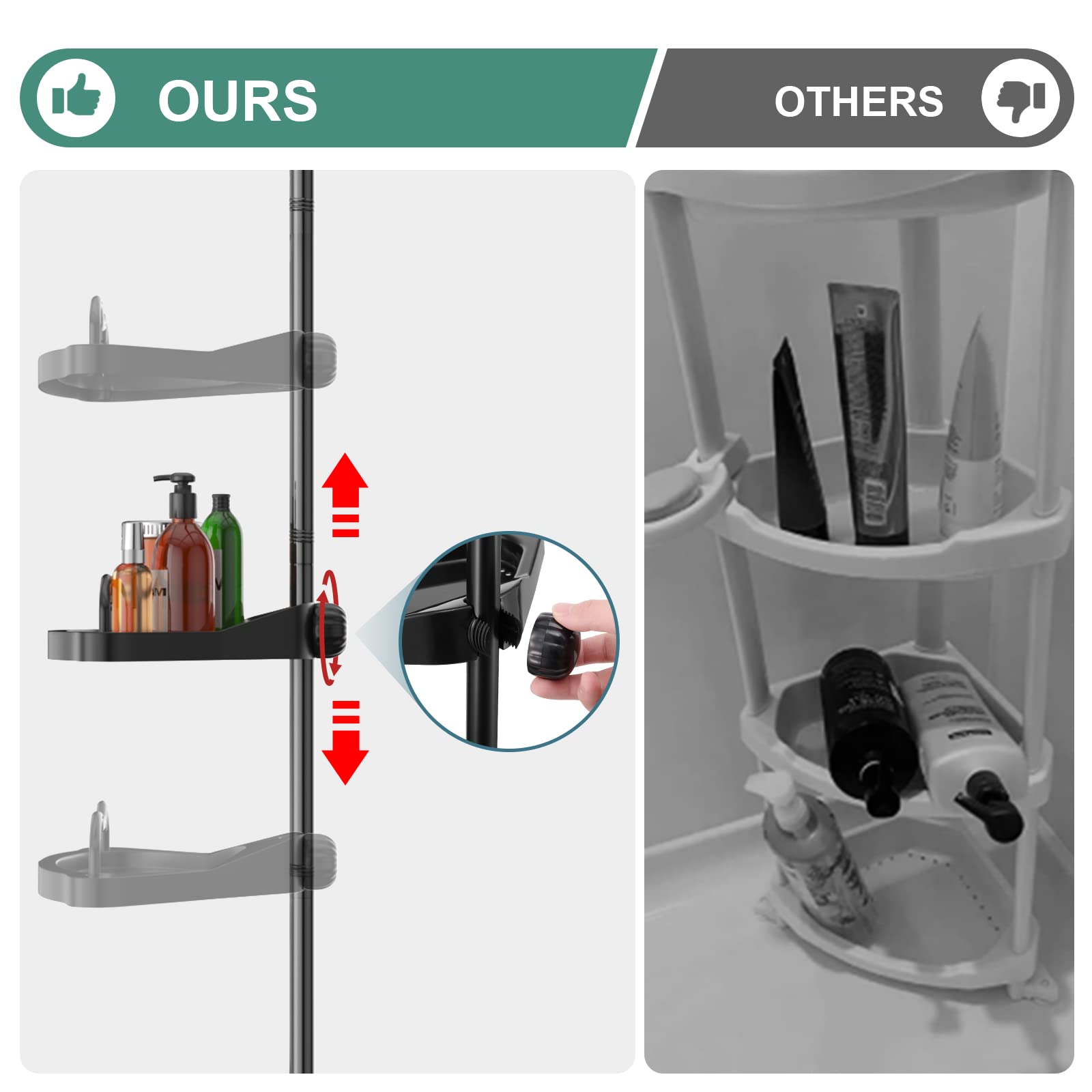 COCONUT Shower Caddy Tension Pole, Corner Shower Caddy Rust Proof 4 Tier Shower Organizer, Drill Free Telescoping Shower Shelves for Bathroom Bathtub (Black)