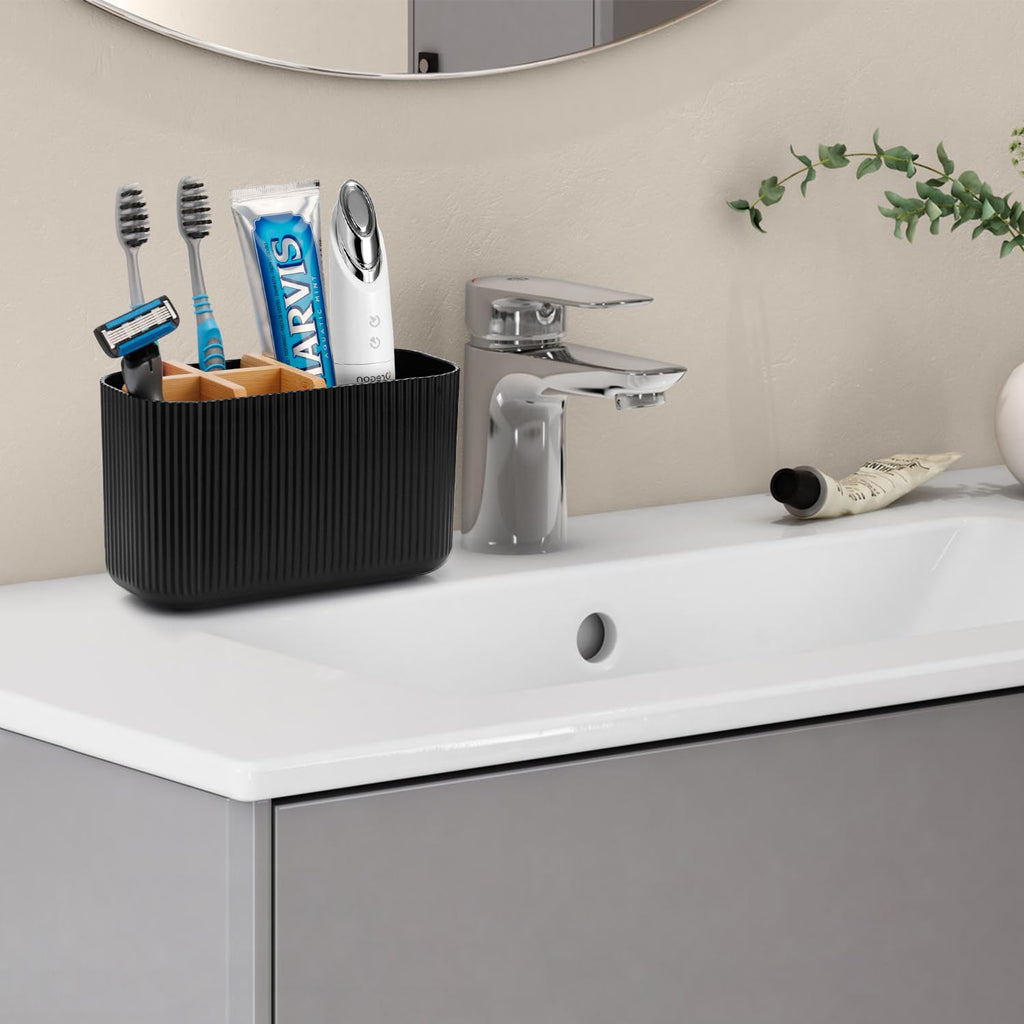 GFWARE Black Toothbrush Holder Bathroom Organization - 5 Slots Bamboo Toothbrush Holders for Bathrooms Countertop Accessories Kids Tooth Brush Holder for Bathroom Organizers and Storage